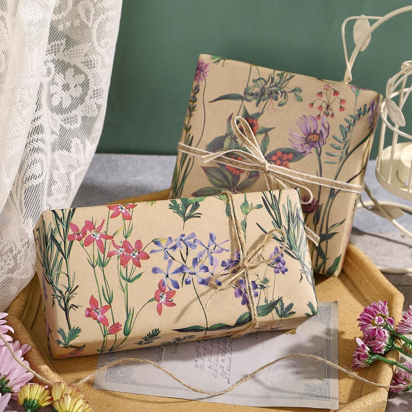 RUSPEPA Wildflower Floral Wrapping Paper Roll for Women, 17 Inches x 16. 4 Feet, Mini Roll, Herbal Kraft Wrapping Paper for Christian Gifts, Birthdays, Weddings, Bridal Shower and Engagement