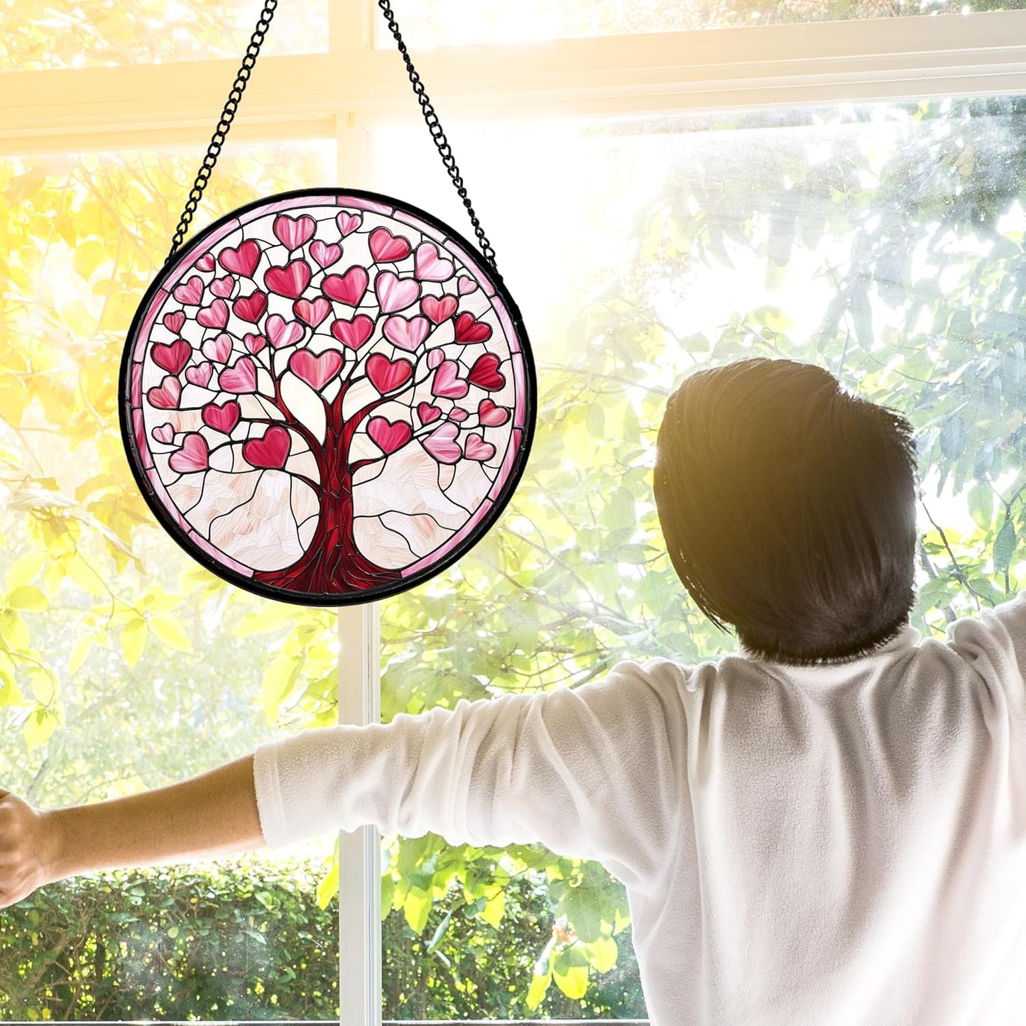 Stained Glass Window Hanging, Valentine's Day Gifts Pink Love Heart Tree Suncatcher Hangings Beige Sun Catchers Decor for Birthday for Women, Men, Wife, Aunt, Mom14.9 in