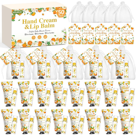50 Pack Bulk Hand Cream and Bulk Lip Balm Gifts Sets, Bridal Shower Favors and Baby Shower Favors for Guests with Thank You Card and Organza Gift Bags, Appreciation Gifts, Baby Shower Prizes (Orange)