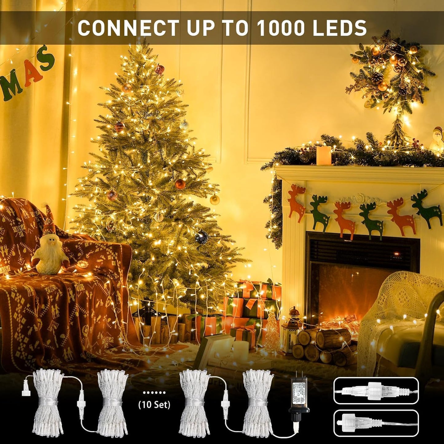 JMEXSUSS Connectable Warm White Christmas Lights Indoor Outdoor, 91.5ft 250 LED Christmas String Lights, 8 Modes Twinkle Fairy String Light Plug in for Tree Party Decoration
