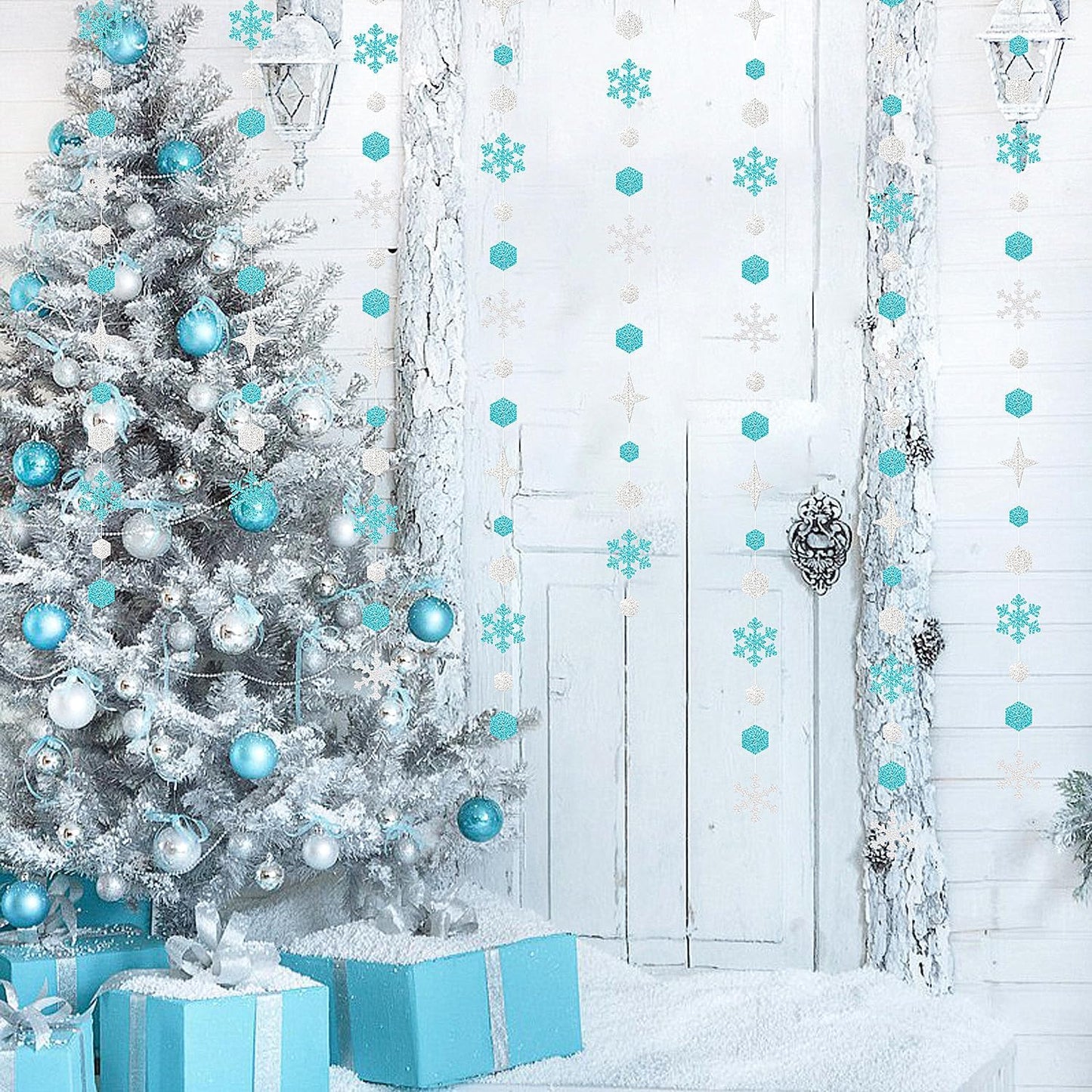 Snowflake-Snow Teal-Silver Christmas Party-Decorations Streamers - 52Ft White Winter Wonderland Frozen Hanging Paper Garland Banner,Birthday Wedding Baby Bridal Shower New Year Supplies Decor Hugtmr