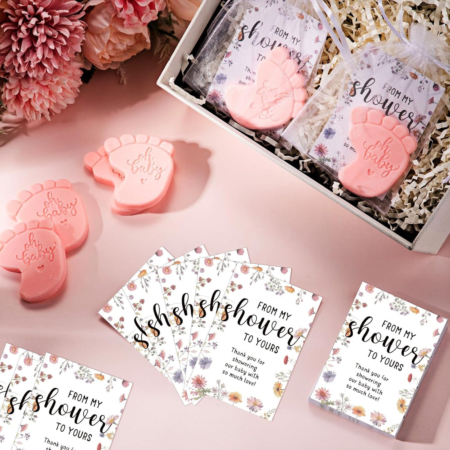 50 Sets Baby Shower Soap Favors for Guests - Mini Handmade Footprint Scented Soap with Thank You Cards and Organza Bag, Party Gifts for Gender Reveal Baptism Shower(Pink)