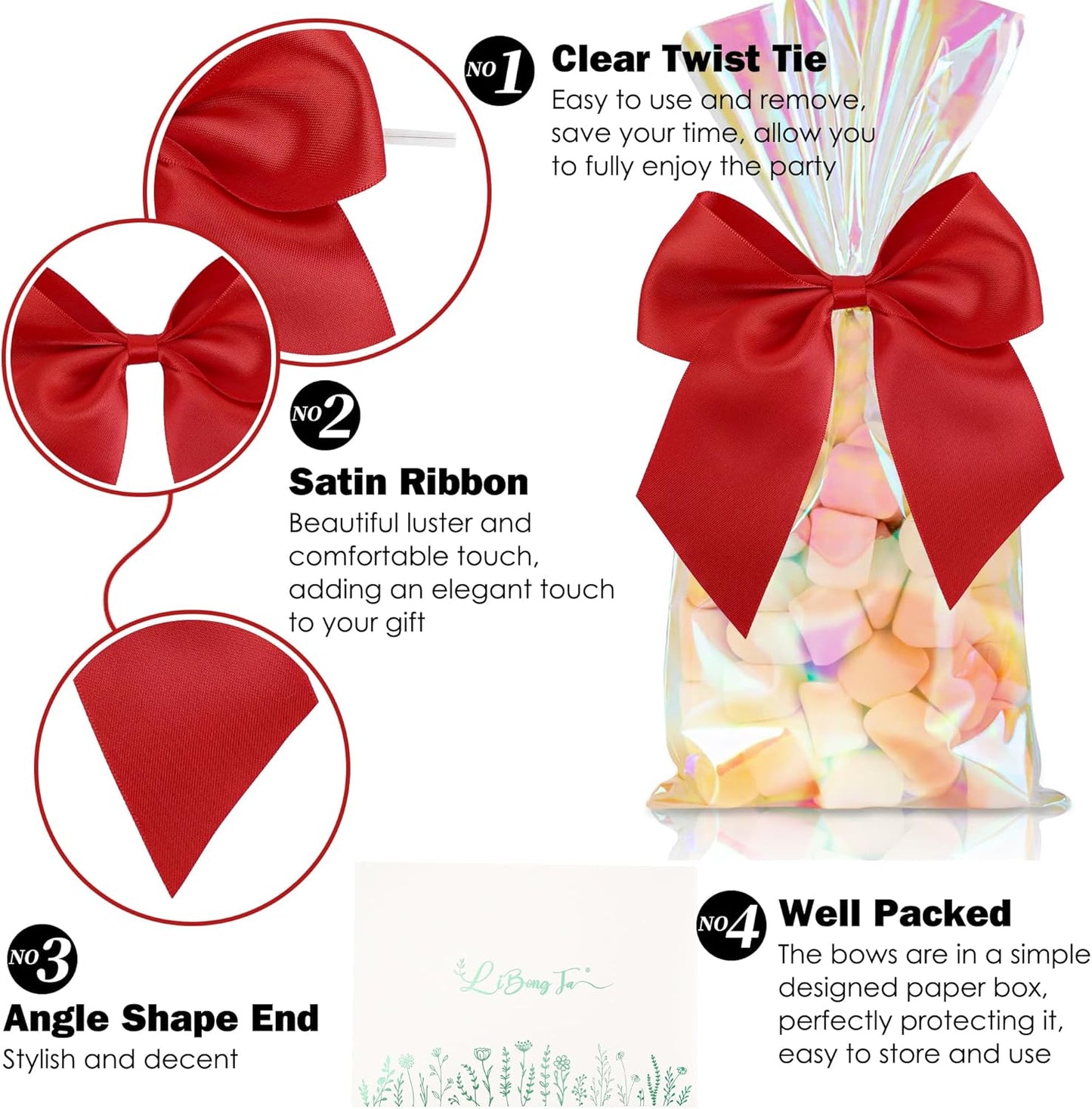 5'' Red Bow Party Decorations Satin Bows, Twist Tie Bows for Treat Bags, Cake Pops, Pre-Tied Bow Premade Ribbon Bows for Crafts, Holiday Bows for Gift Wrapping, Wedding Decor-24 Counts