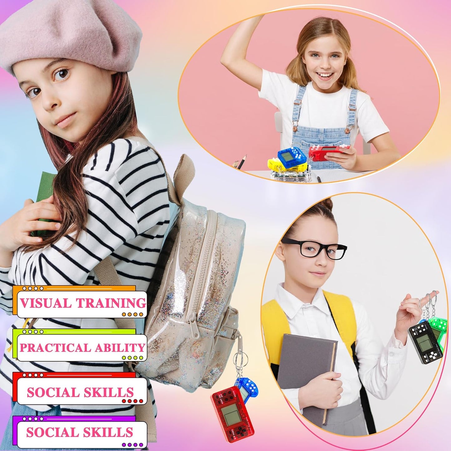 36 Pack Video Game Keychain Mini Square Handheld Video Game Key Chain for Kids Birthday Video Game Party Favors