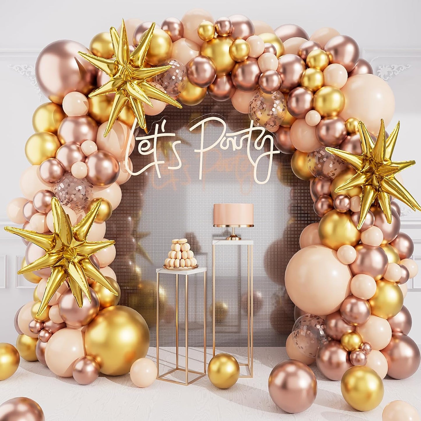 Rose Gold Garland Arch Kit, 142PCS Macaron Orange Confetti Latex Metal Aluminum Foil Balloons for Baby Shower, Ladies Birthday, Wedding Party Decor Supplies
