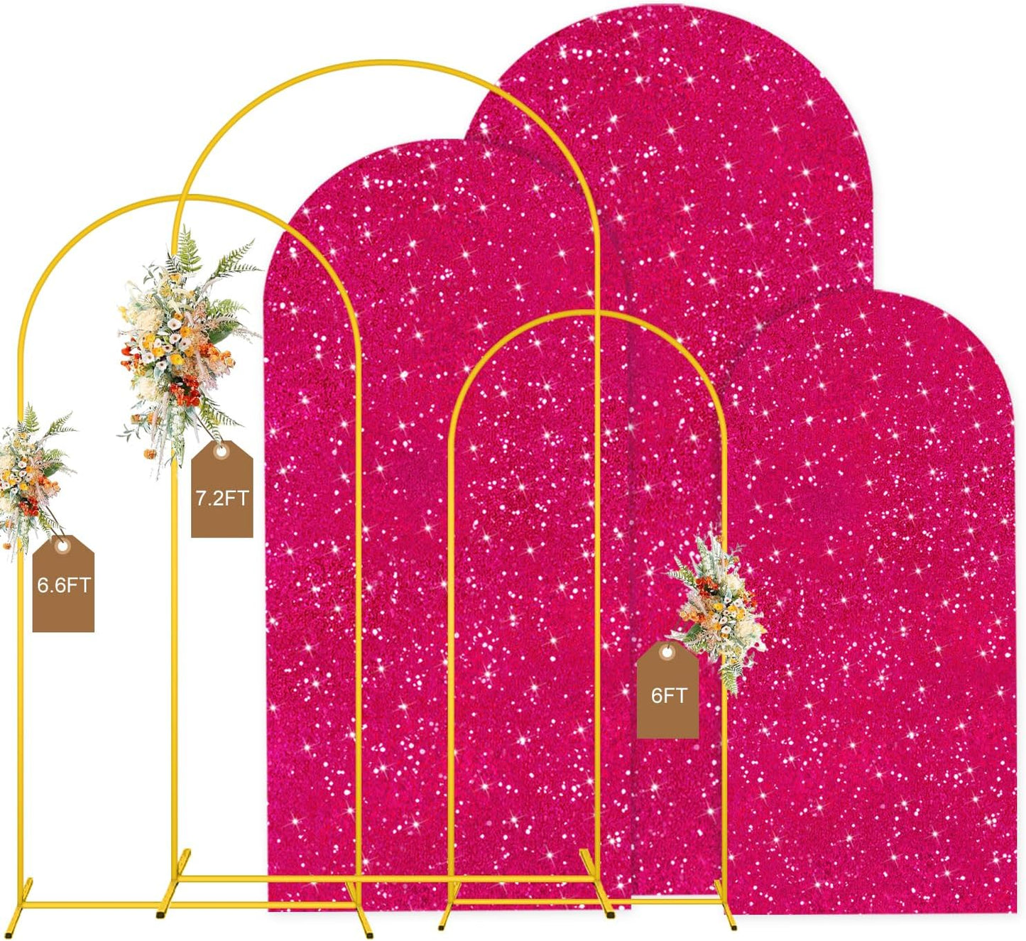 MODFUNS Metal Arch Backdrop Stand and Cover Set 6&6.6&7.2ft Hot Pink Sequins Arch Backdrop Cover Set of 3 Gold Arch Stand with Covers for Baby Shower Birthday Party Banquet Decoration