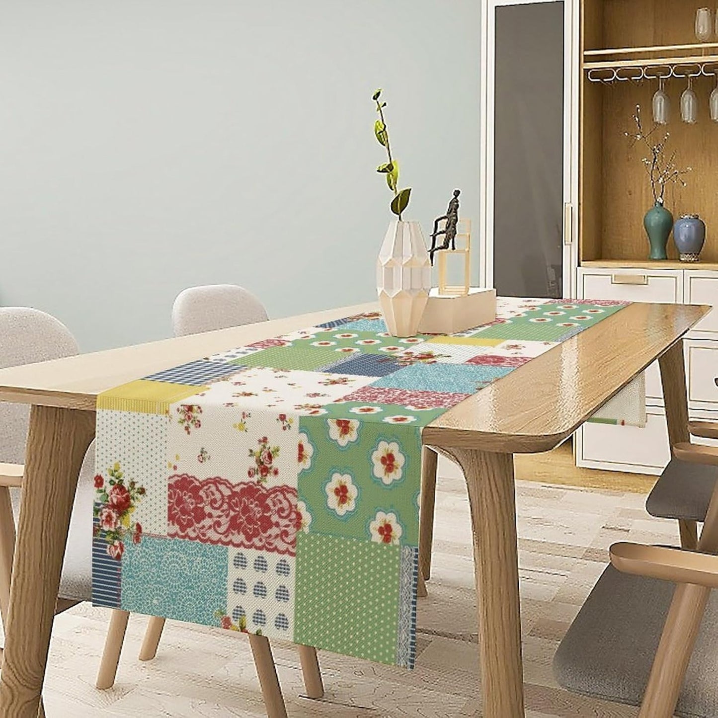 Patchwork Boho Table Runner,Vintage Colorful Floral Plaid Polka Dot Print Tablecloth Burlap for Hotel Indoors Outdoor Dining Room Kitchen Home Decor,W13X L90 in