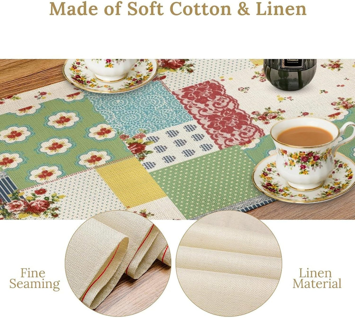 Patchwork Boho Table Runner,Vintage Colorful Floral Plaid Polka Dot Print Tablecloth Burlap for Hotel Indoors Outdoor Dining Room Kitchen Home Decor,W13X L90 in