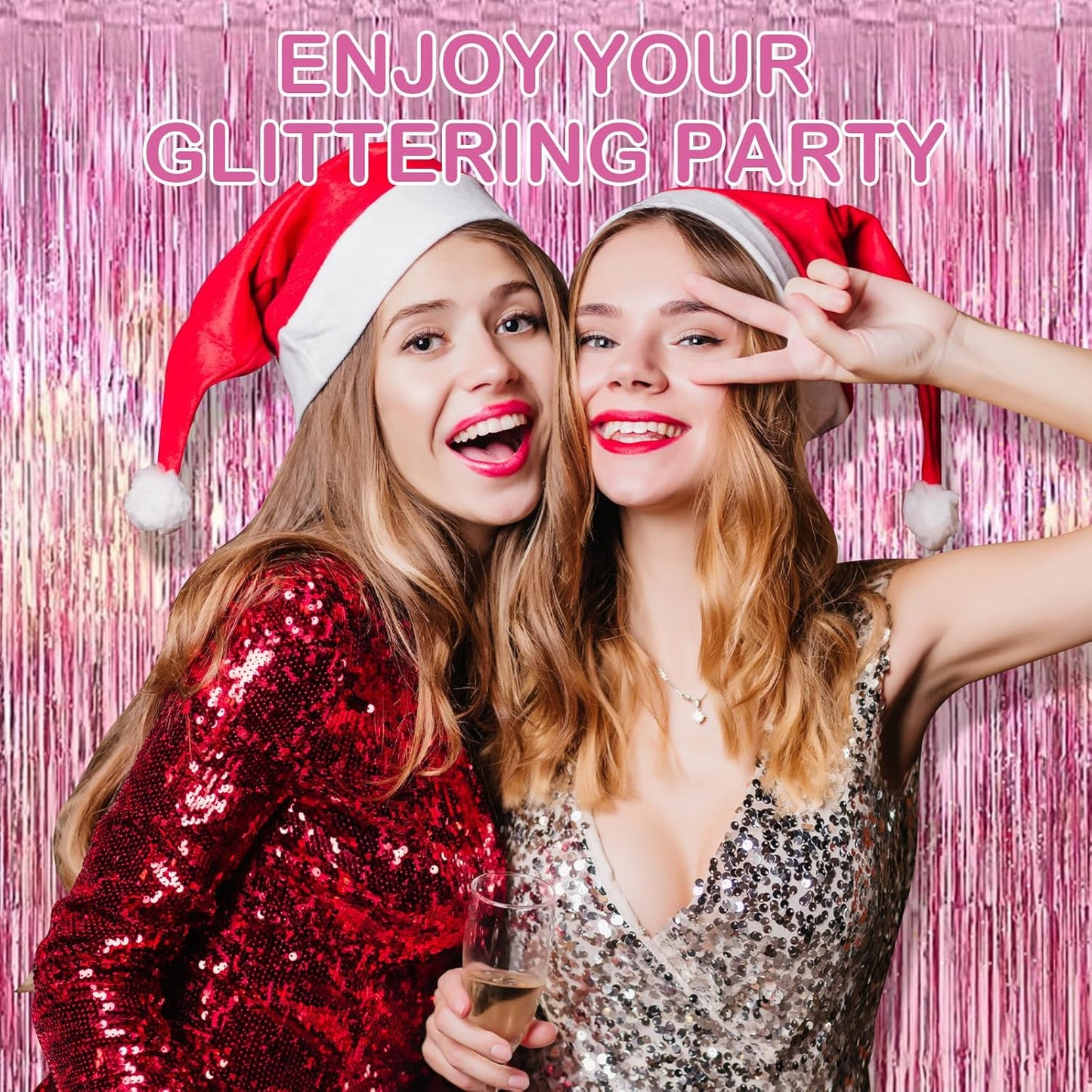 Pink Fringe Curtain Party Streamers, 12 Pack 3.3ft x 8.2ft Foil Curtain Backdrop Tinsel Foil Fringe Curtains Photo Booth Backdrop Streamer for Birthday, Wedding, Baby Shower, Disco Party