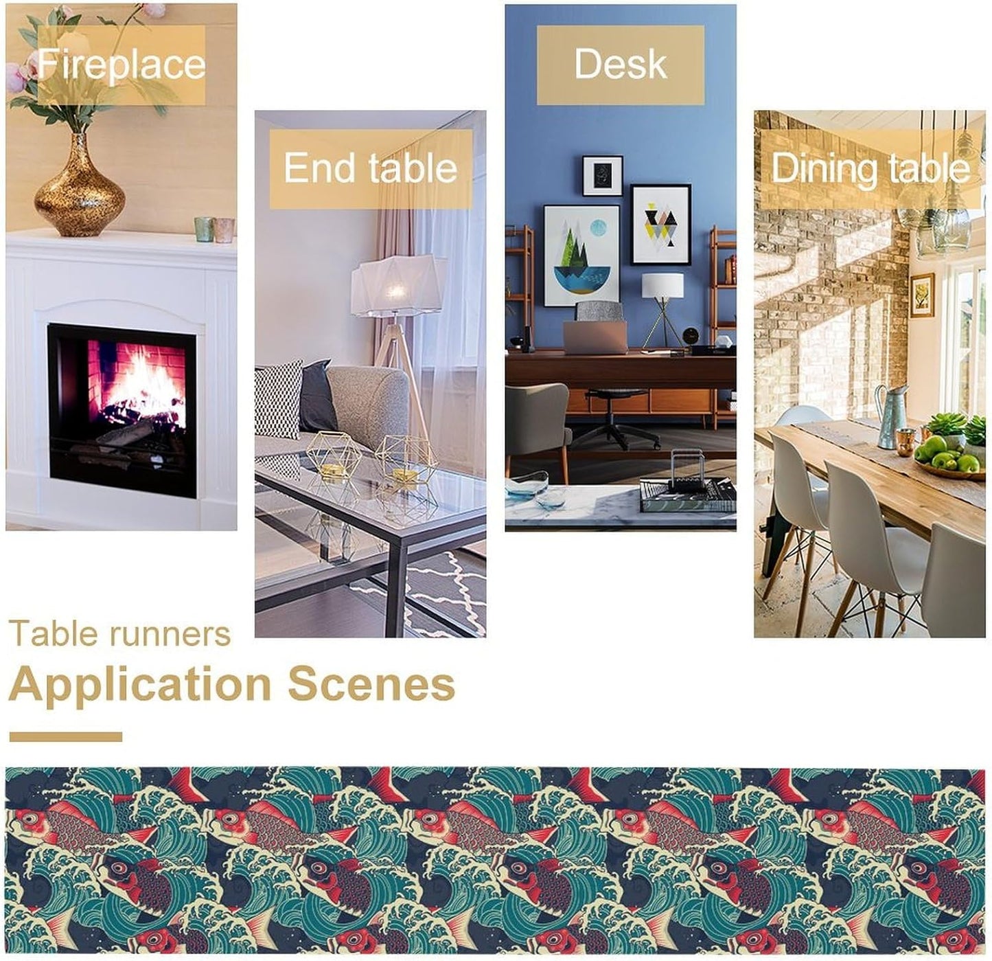 Kio Fish Table Runner Waves Japanese Tradition Art Printed Burlap Runner Home Kitchen Dining Table Living Room Decor Fabric 1 Panel W13xL60in