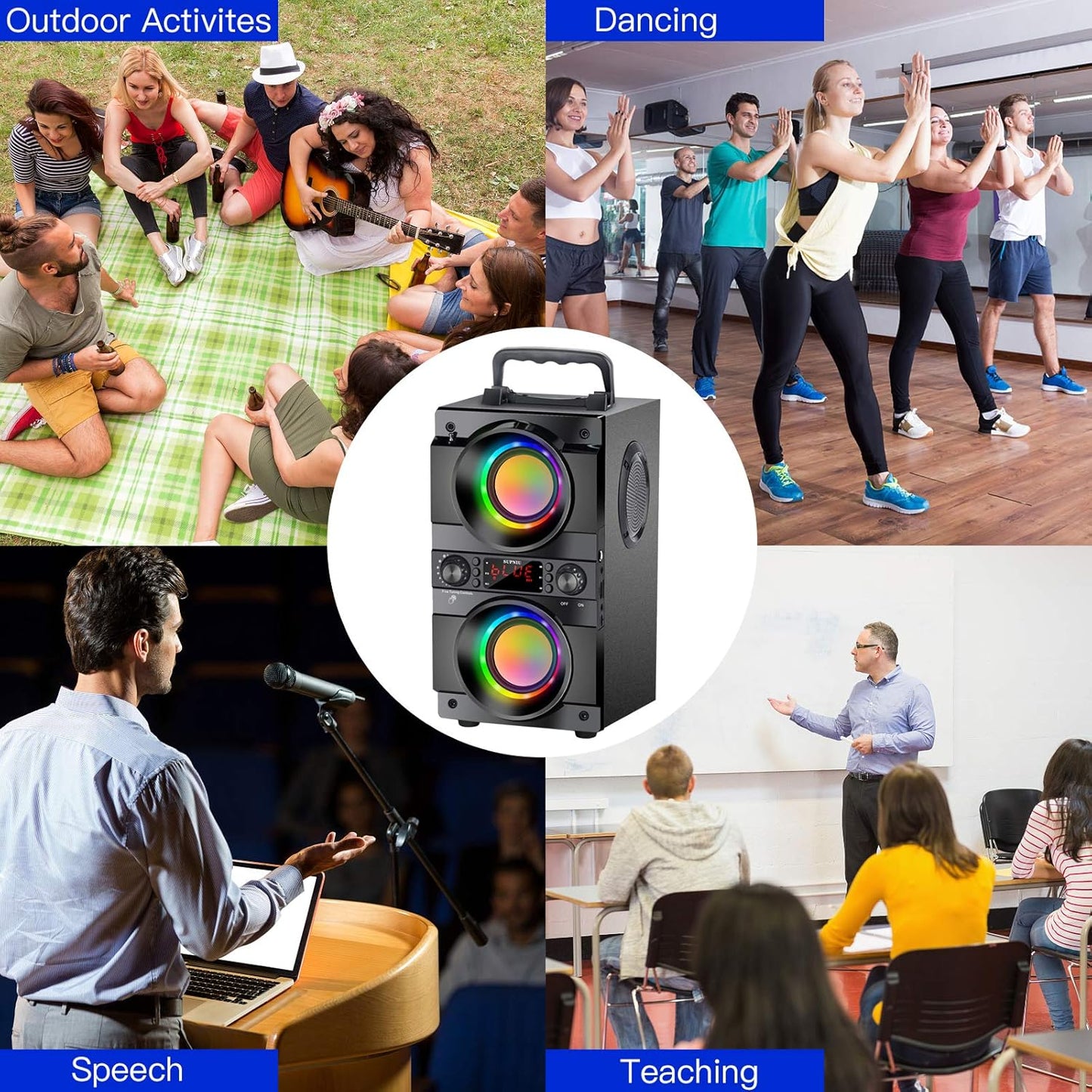 60W (80W Peak) Portable Bluetooth Speaker with Double Subwoofer Heavy Bass, Bluetooth 5.0 Wireless 100ft Outdoor Speaker, Support FM Radio, LED Colorful Lights, Stereo Sound, for Home, Party, Travel