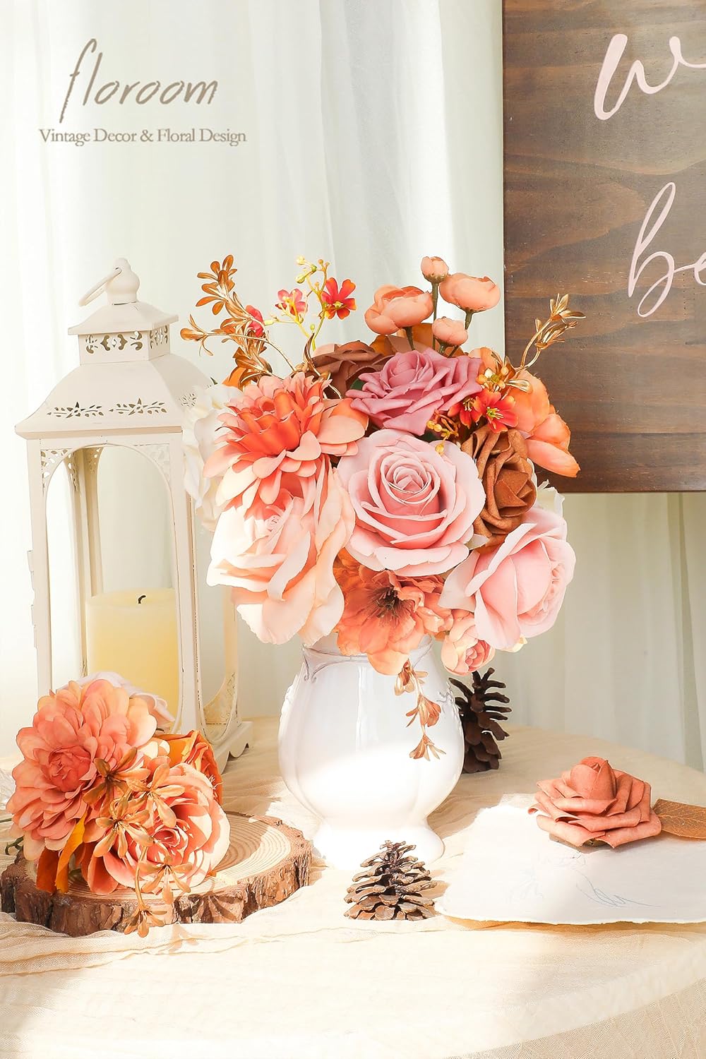 Floroom Terracotta Artificial Flowers Burnt Orange Fake Roses Dahlias and Greenery Combo Box Set for DIY Wedding Bouquets Bridal Shower Centerpieces Floral Arrangements Party Tables Home Decorations