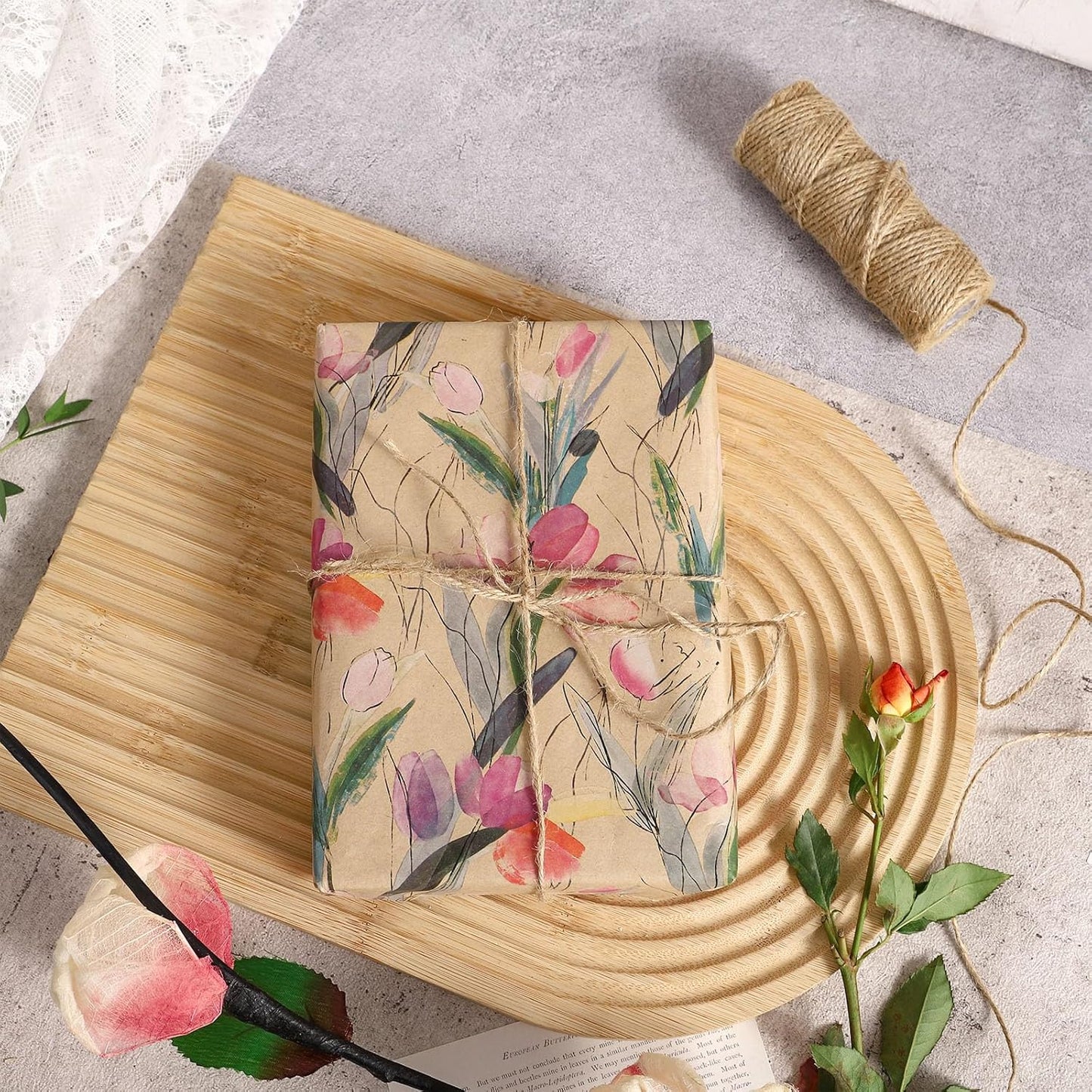 RUSPEPA Flower Wrapping Paper Roll, 17 in x 16.4 ft, Mini Roll, Tulips Watercolor Gift Wrap, Floral Kraft Wrapping Paper for Women, Girls, Spring, Summer, Wedding and Mother's Day
