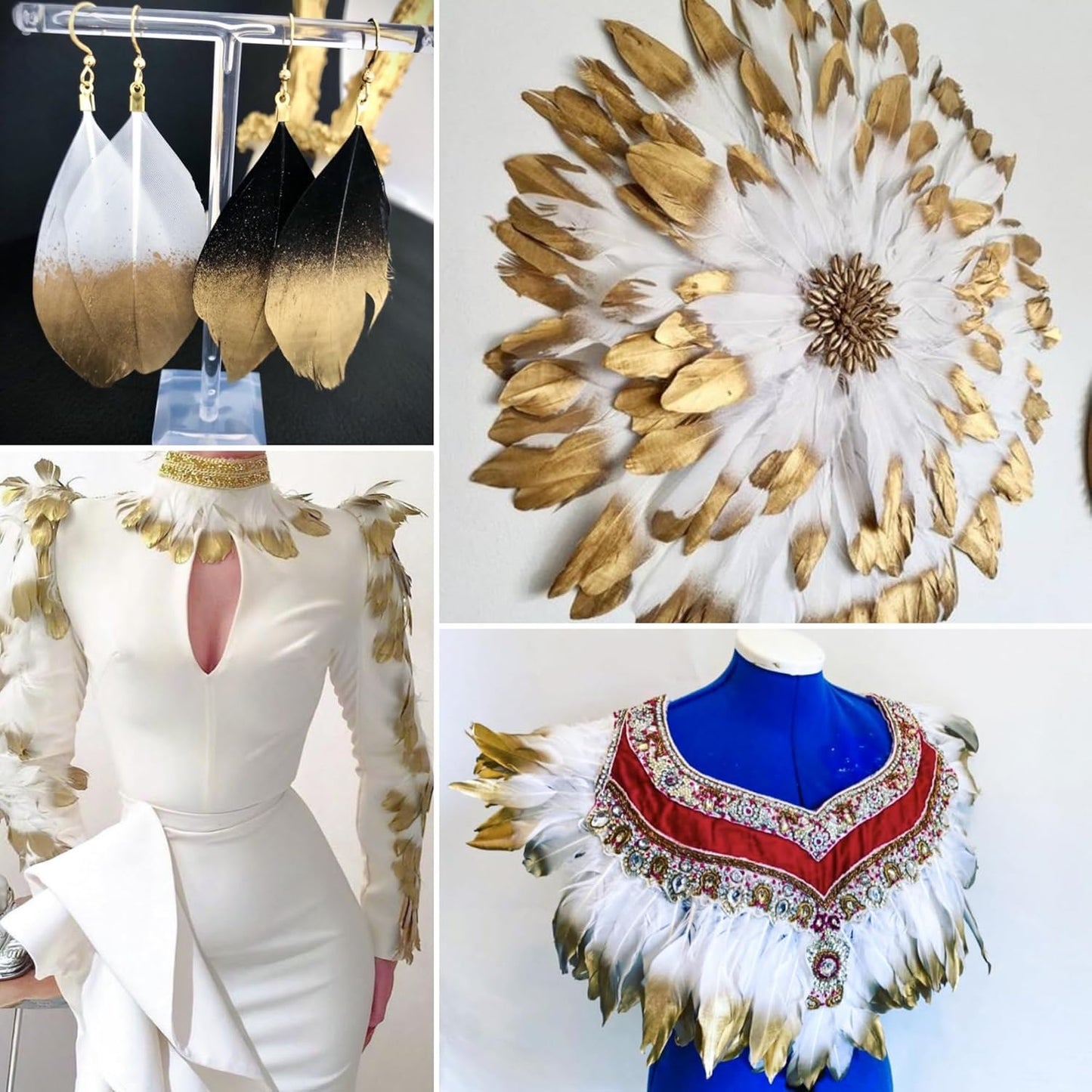 Larryhot Dipped Gold & White Goose Feathers for Crafts - 6-8 inch 60 pcs Natural Feathers for Wedding Party Decorations,DIY Crafts and Table Centerpiece(Gold & White)