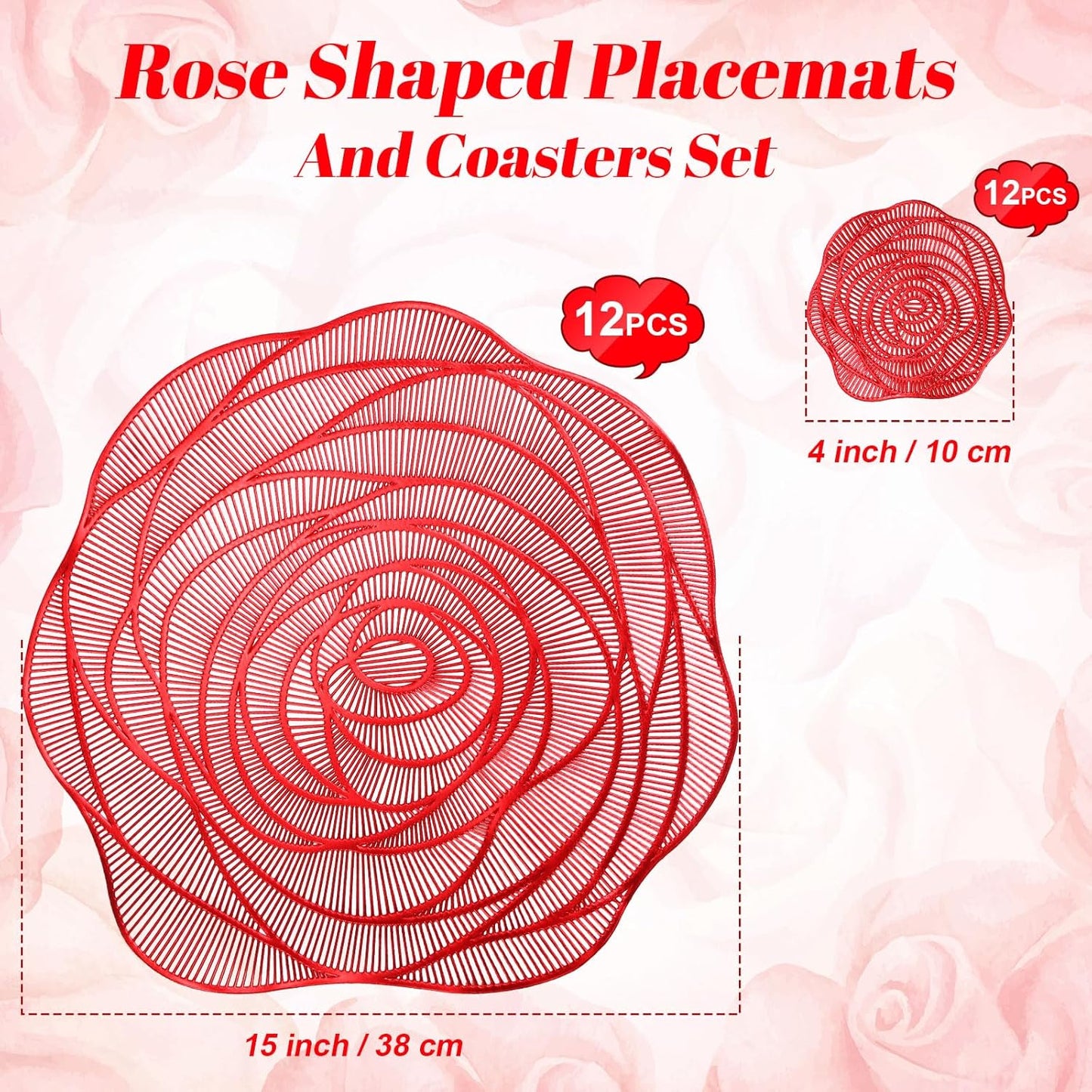 Sieral 12 Set 15 Inch Round Pressed Vinyl Placemats Hollow Out Rose Placemat Set Metallic Slip Resistant Place Mat Coaster Including Place Mats and Coasters for Wedding Dining Kitchen (Red)