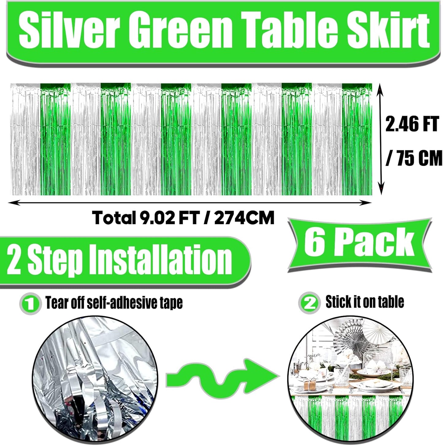 6 Pack 29x108 Inch Silver Green Metallic Foil Fringe Tinsel Table Skirts for Rectangle Tables Streamer Curtains Backdrop for Birthday, Parade Floats, Mardi Gras, St Patrick Day Party Decoration
