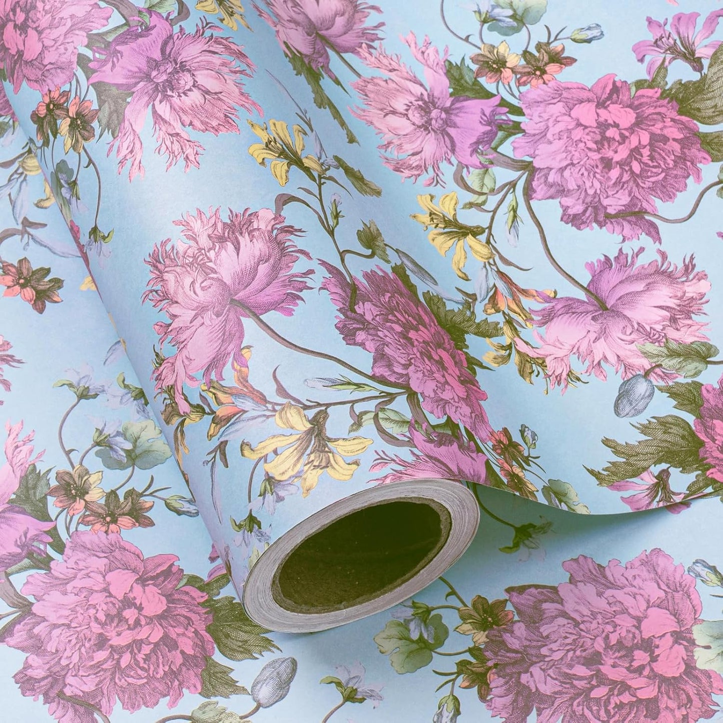 WRAPAHOLIC Kraft Floral Wrapping Paper Roll - Mini Roll - 17 Inch x 16.5 Feet - Vintage Flower Wrapping Paper Perfect for Wedding, Birthday, Bridal Shower, Tea Party