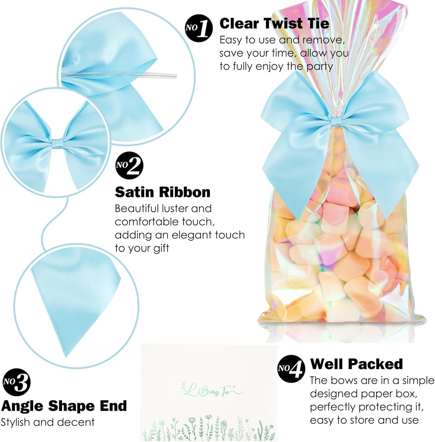 5'' Blue Bow Party Decorations Satin Bows, Twist Tie Bows for Treat Bags, Cake Pops, Pre-Tied Bow Premade Ribbon Bows for Crafts, Holiday Bows for Gift Wrapping, Wedding Decor-24 Counts