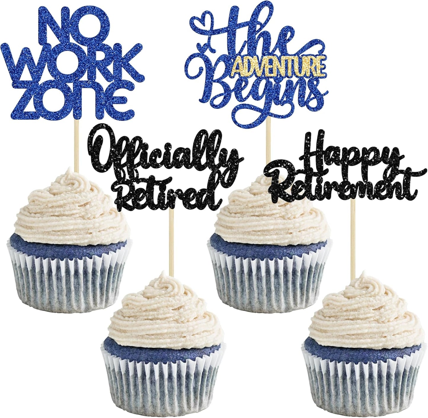 24Pcs Happy Retirement Cupcake Toppers Officially Retired Cake Toppers No Work Zone Adventure Begins Cupcake Picks Retirement Theme Farewell Birthday Party Decorations Supplies Black Blue
