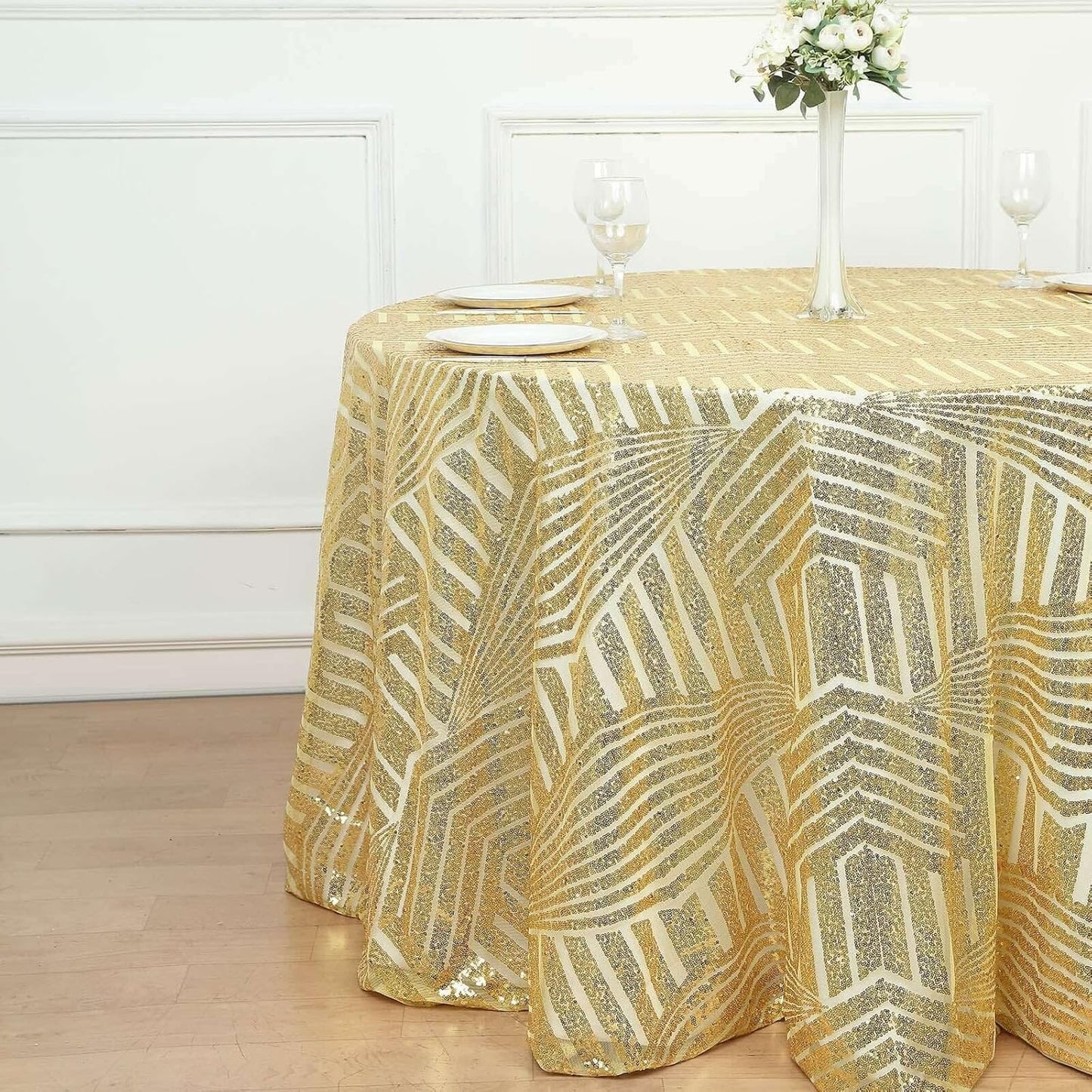 Efavormart 120" Gold Sparkly Sequin Geometric Tulle Round Tablecloth