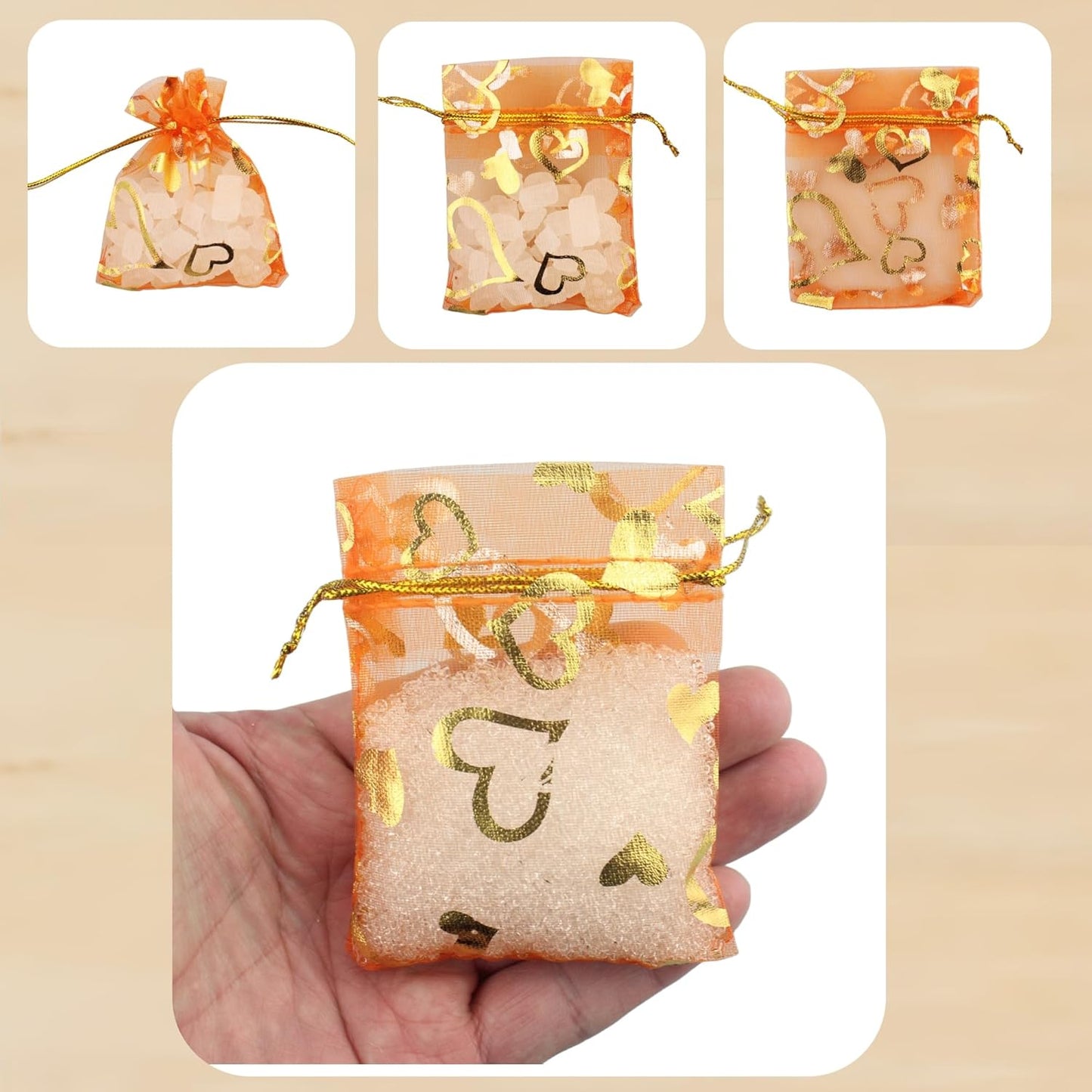 QIANHAILIZZ 100 Pack 2.8 x 3.5 Inch Flower Heart Organza Jewelry Gift Pouch Candy Pouch Drawstring Wedding Favor Bags B511S (orange gold heart)