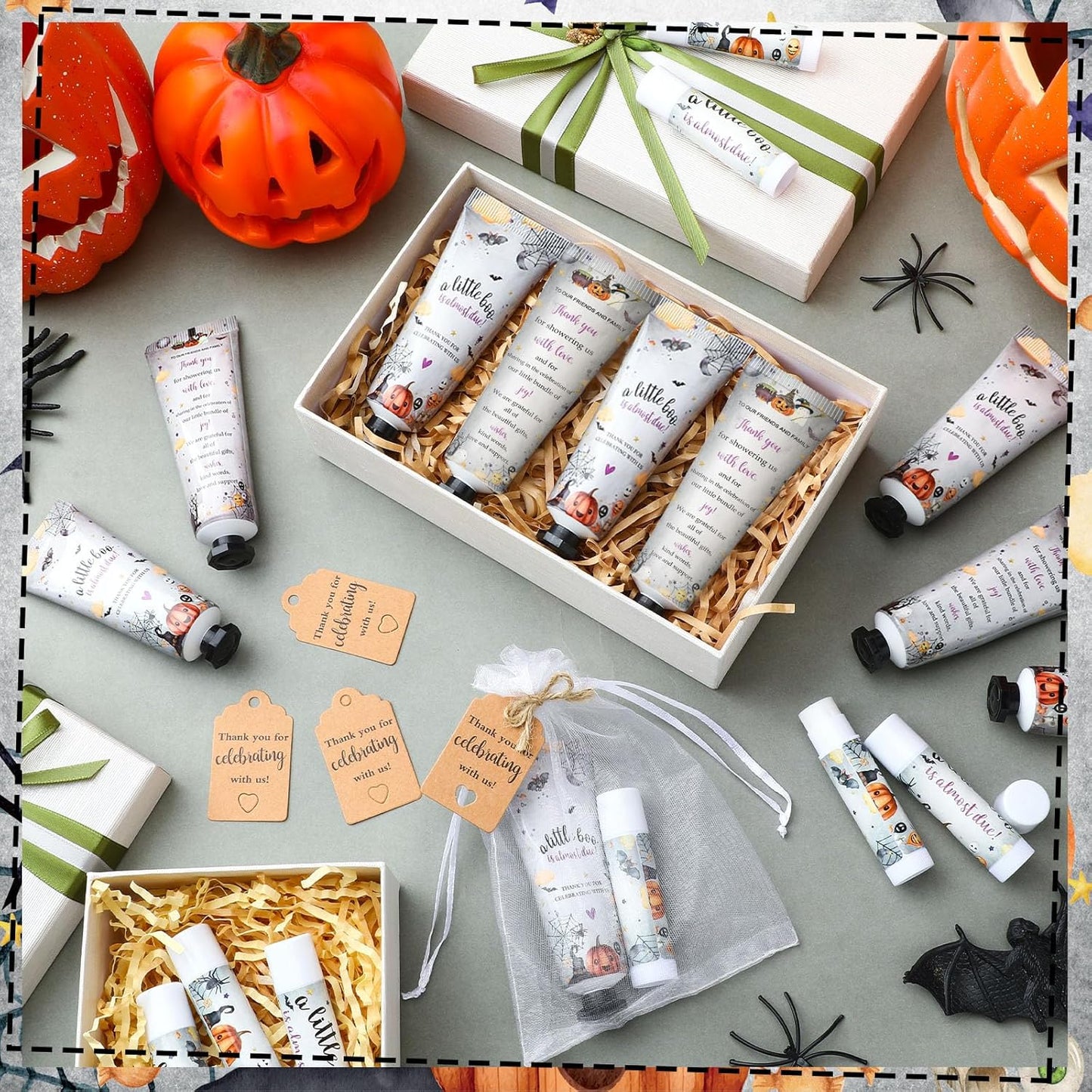 50 Sets 200 Pcs Baby Shower Hand Lotion and Lip Balm Gift Theme Baby Shower Party Favors Travel Size Hand Lotion and Lip Balm Bulk with Organza Bags Tags(Halloween Little Boo)
