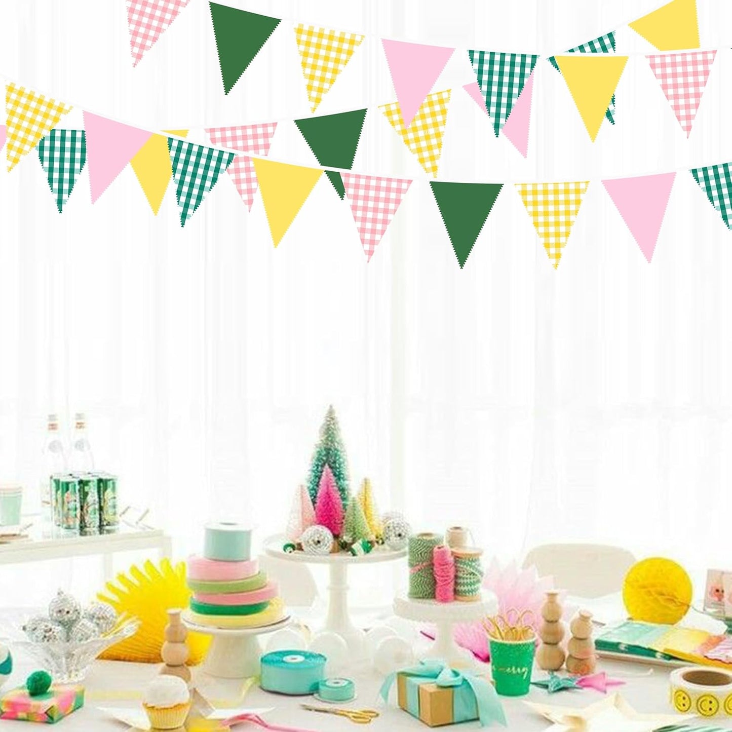32Ft Camp Bride Party Decorations Pink Green Yellow Gingham Fabric Triangle Banner Flag Plaid Pennant Garland Streamers for Camping Bachelorette Glamping Baby Shower Picnic Birthday Decor Supplies