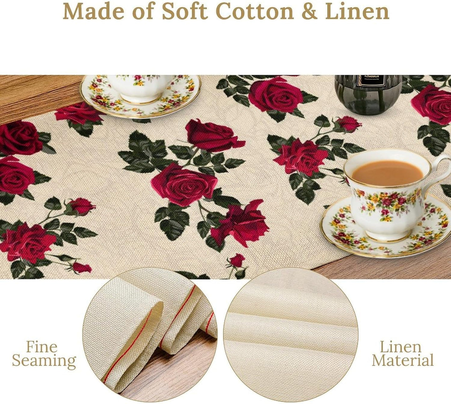 Vintage Rose Table Runner, Red Flowers Green Leaves Valentine's Day Table Runner for Kitchen Dinning Table Runner Decor Home Wedding Party Holiday, 13x36 Inch