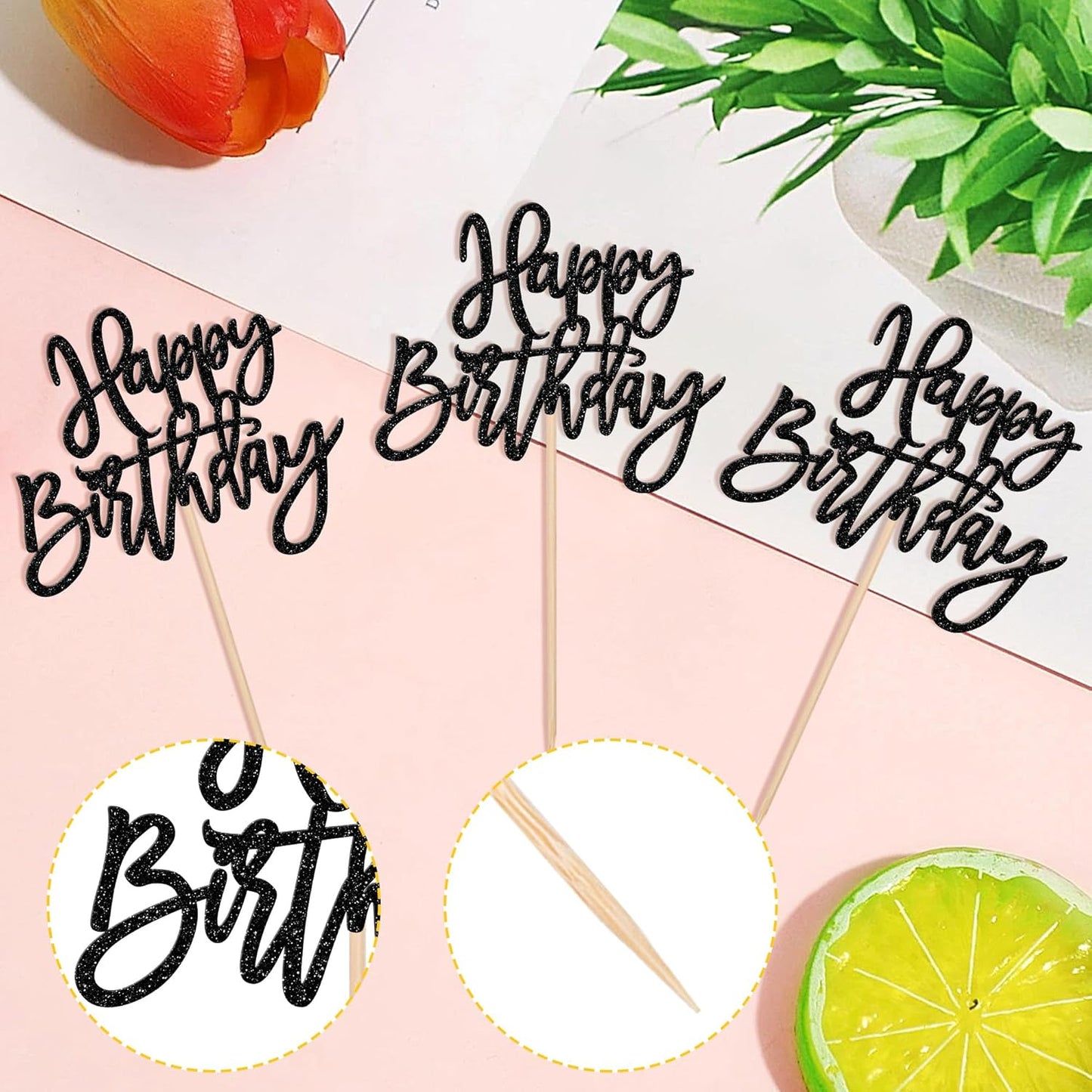 24 PCS Glitter Cupcake Toppers - Happy Birthday & Anniversary Cake Decorations - Black