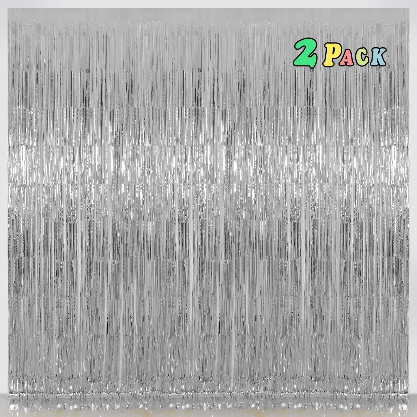 Silver Tinsel Fringe Backdrop Curtains for Parties, Melsan 3.2 x 8 ft Foil Streamer Disco Party Decorations Photo Booth for Birthday, Engagement, New Year Eve, Pack of 2