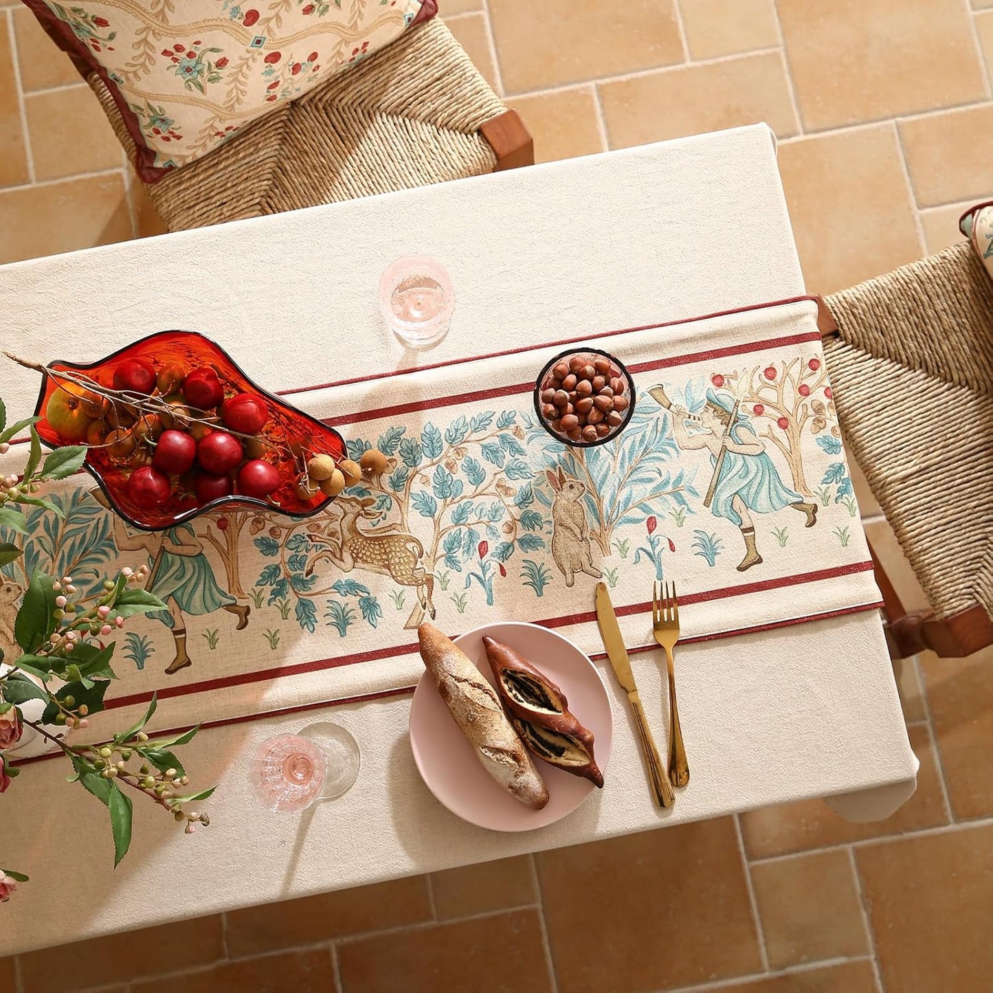 patdrea Designer Idyll Linen Extra Long Table Runner,Vintage Beige Farmhouse with Ancient Spring Figure and Animal Pattern Table Mat,Decoration for Kitchen Dining Banquet Christmas ,16"*118"