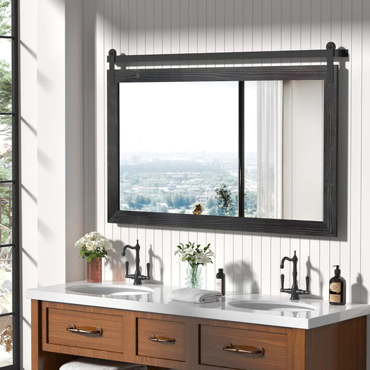 COGOOD Farmhouse Bathroom Mirror - 49 x 30 Rustic Wood Framed Wall Barn Door Mirror for Entryway, Living Room, Entryway Wall Decor (Black)