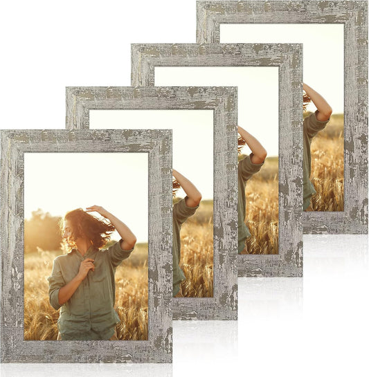 6x9 Picture Frame Set of 4, High Definition Glass Distressed Moss Green Frame, 6 x 9 Rustic Wood Photo Frames for Tabletop Display and Wall Mounting