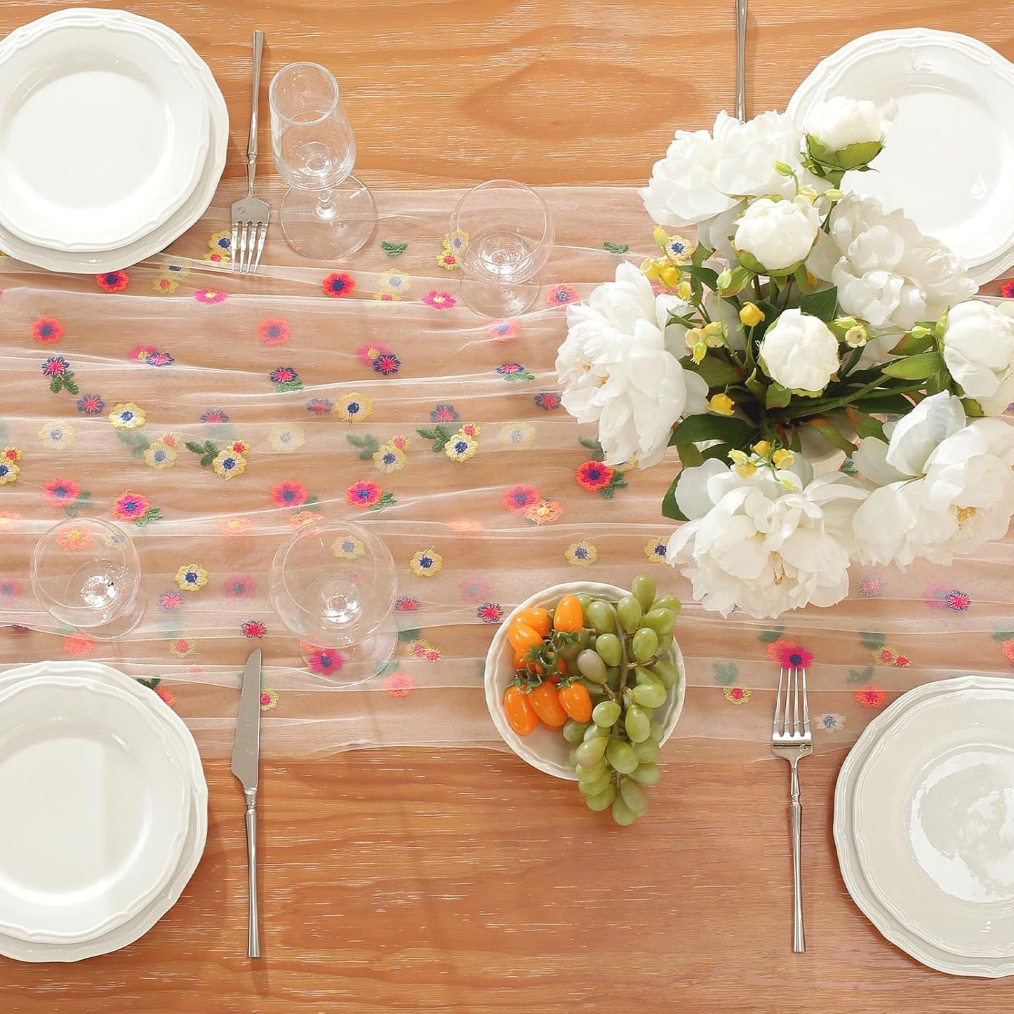 Champagne Embroidery Daisy Fall Table Runner 120Inch 10FT Florals Soft Sheer Tulle Fabric Table Runner for Home Decor, Brithday, Wedding, Baby Shower ,Holiday ,Parties, DIY Craft,3PC