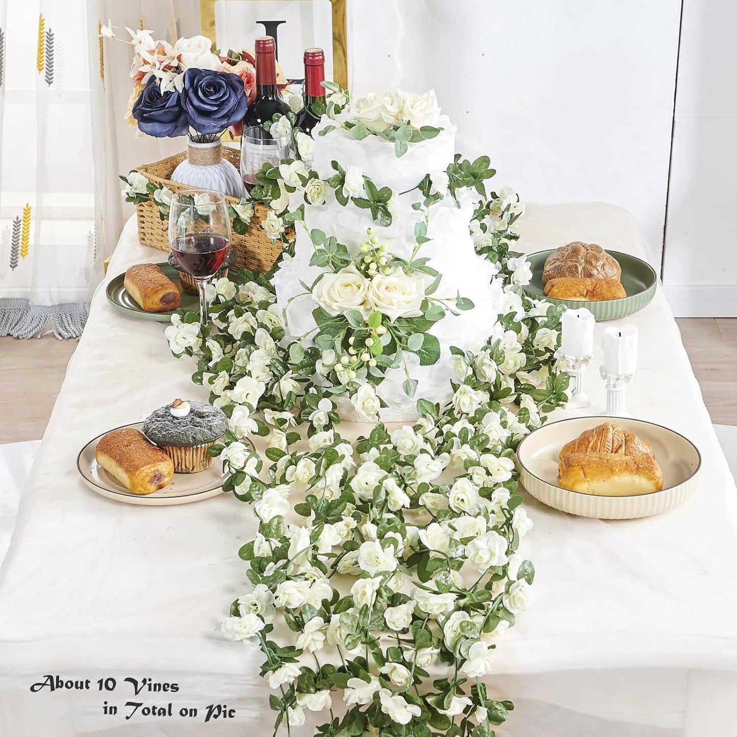 6 Pcs x 8.2 ft Flower Garland Artificial Rose Vine Flowers with Green Leaves Hanging Fake Roses Vine for Room Party Home Wedding Birthday Christmas Wall Arch Decor, Spring White Flower