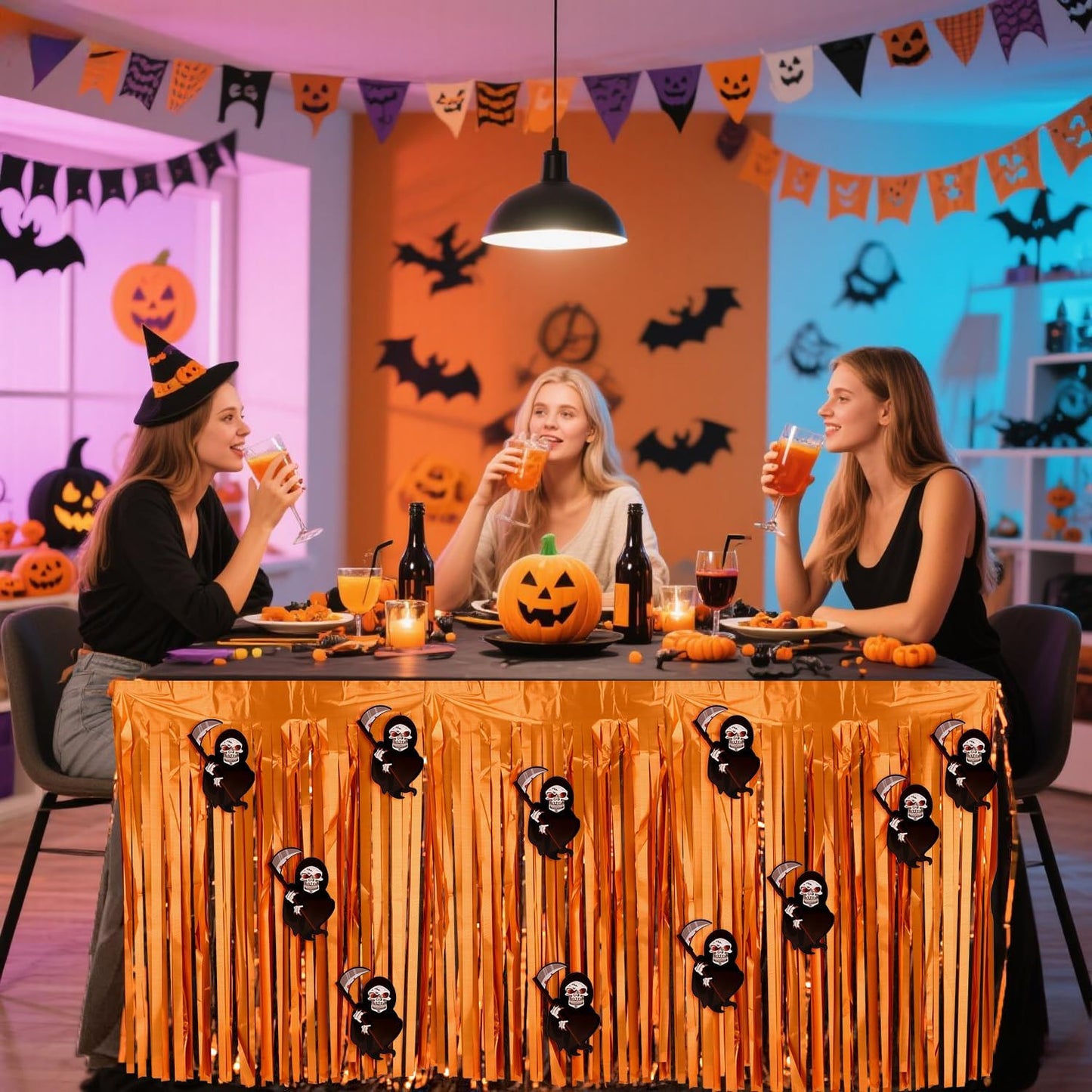 28x106 Inch Orange Sequin Tablecloth for Halloween Decorations, Metallic Tinsel Foil Fringe Table Skirt, Rectangle or Round Tables Decor, Table Cover, Skull Decorations for Halloween Party