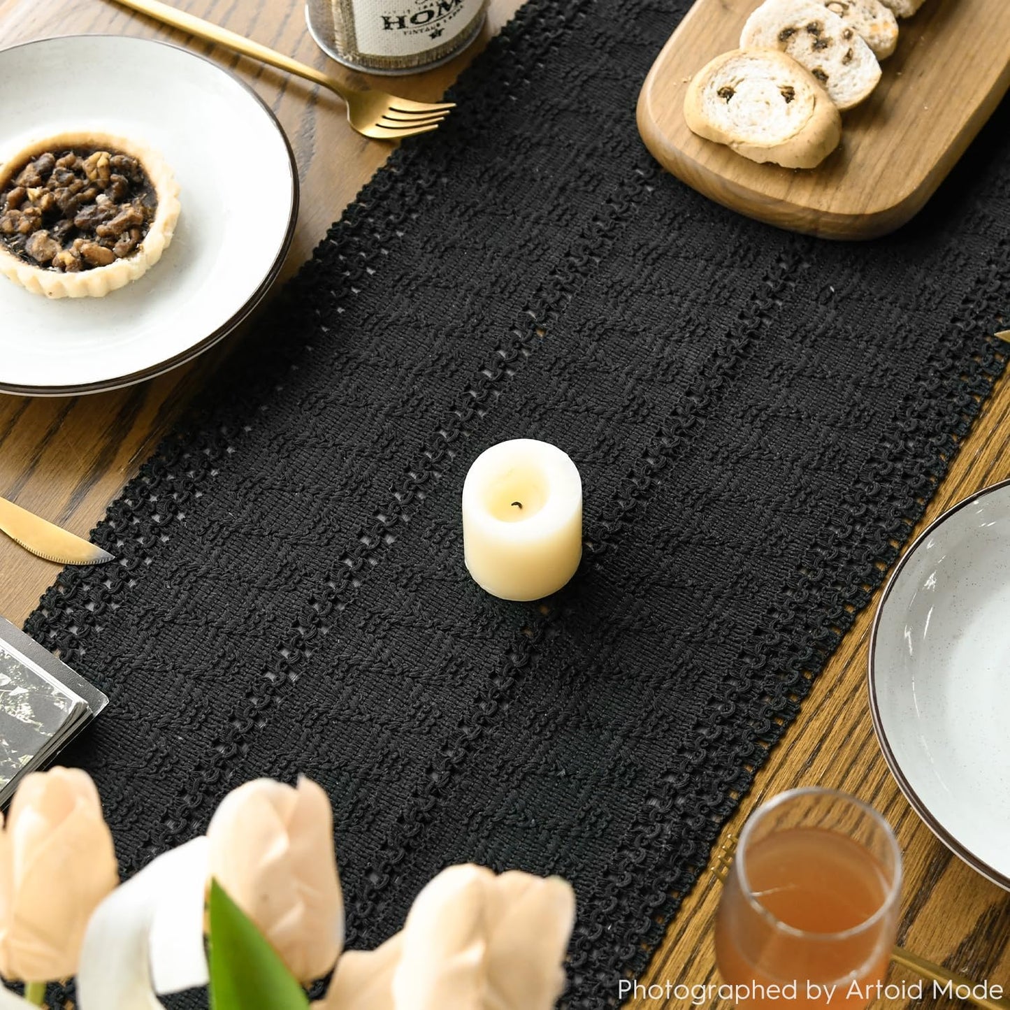 Artoid Mode Black Farmhouse Woven Rustic Hollow Table Runner, Seasonal Holiday Hollow Kitchen Dining Table Decoration for Home Party Decor 12x108 Inch
