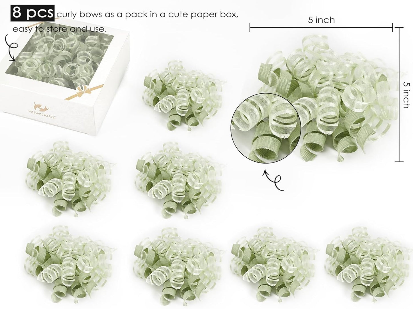 HUIHUANG Green Bows for Gift Wrapping Sage Green Gift Bows 5 inch x 8 Counts Self-Adhesive Curly Ribbon Bow for Presents, Paper Bag, Baby Shower Favors, Wrapping Accessories, Wedding Decor