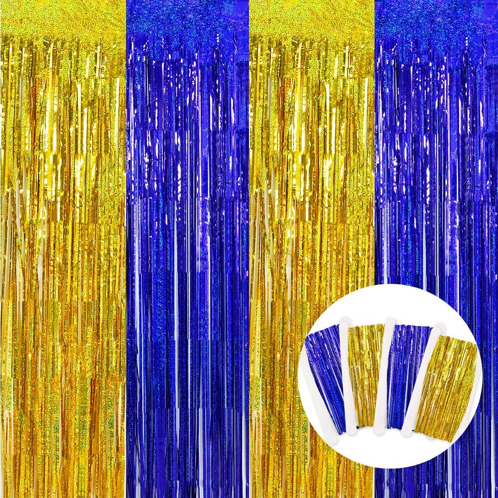 BEISHIDA 4 Pcs Blue and Gold Party Streamers Fringe Foil Curtain Backdrop Tinsel Background Party Decoration for Door Wall Graduation Birthday Wedding Anniversary Party Decoration(3.28 Ft x 8.2 Ft)