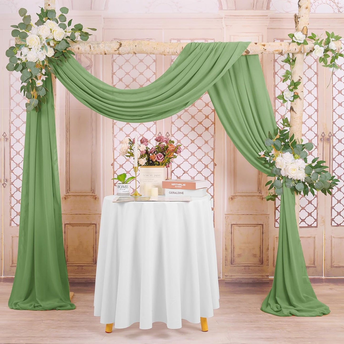 Wedding Arch Drapes, 4 Panels 28" x 20ft Sage Green Sheer Chiffon Curtains for Wedding Ceremony & Reception Party Decoration