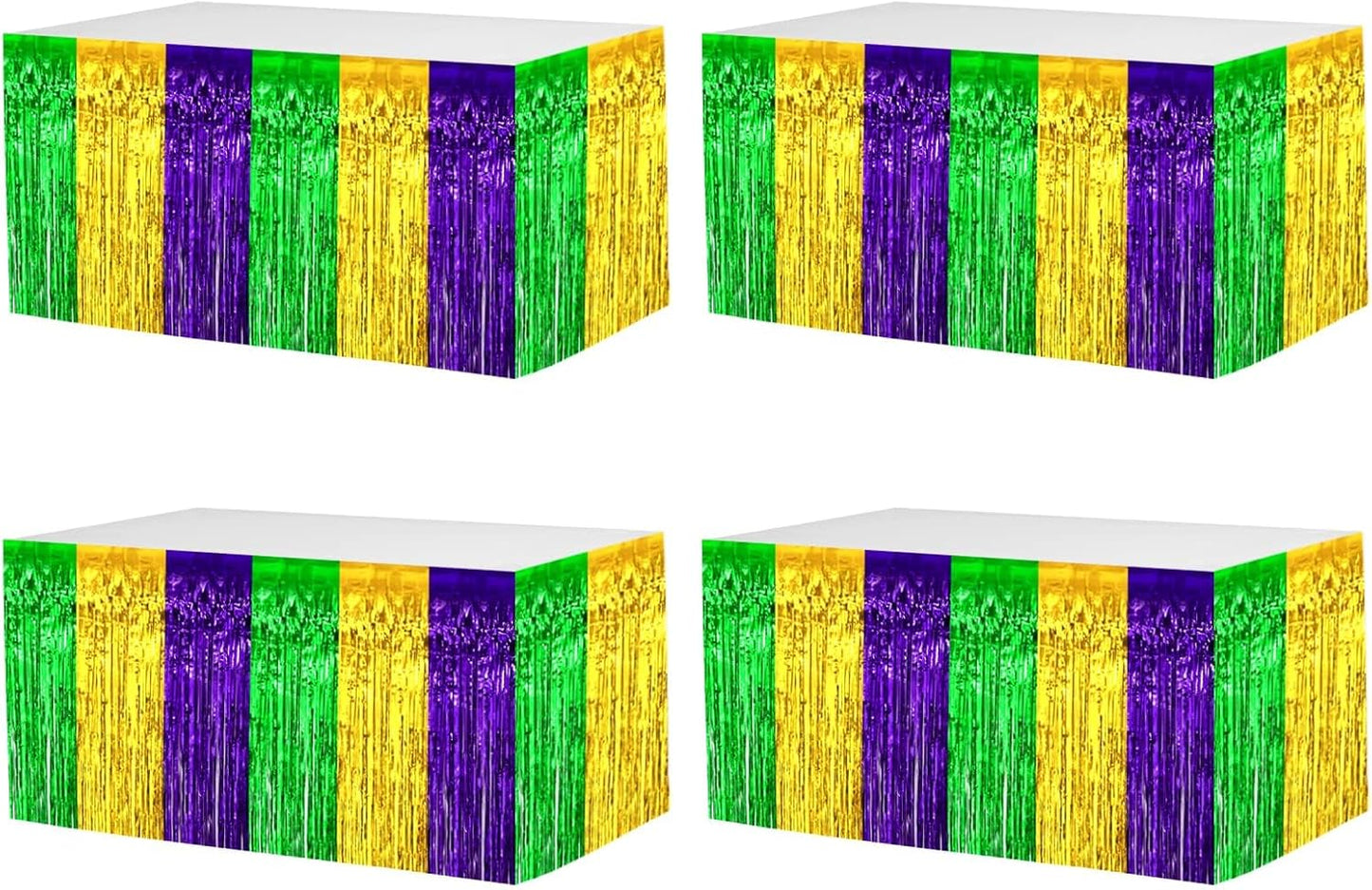 4 Pack 29x108 Inch Mardi Gras Metallic Foil Fringe Tinsel Table Skirts for Rectangle Tables Streamer for Christmas, Birthday, Parade Floats, Halloween Party Supplies(Gold Green Purple)