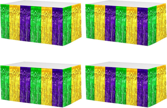 4 Pack 29x108 Inch Mardi Gras Metallic Foil Fringe Tinsel Table Skirts for Rectangle Tables Streamer for Christmas, Birthday, Parade Floats, Halloween Party Supplies(Gold Green Purple)