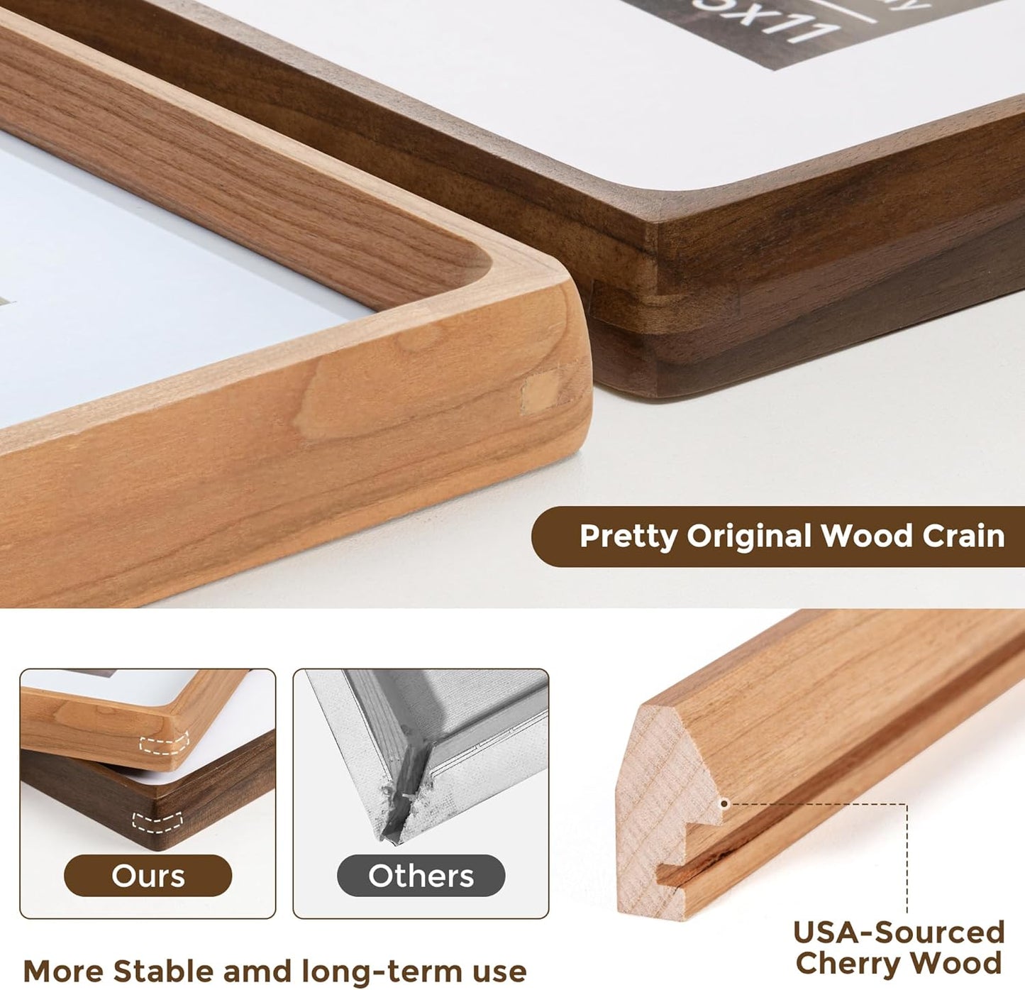 8.5x11 Picture Frame USA-Sourced Natural Cherry Wood Solid Original Wood Photo Frame Rounded Corner with Mat to 6x8 Picture Display with Real Glass Family Picture, Wedding Picture, Photo, Certificate