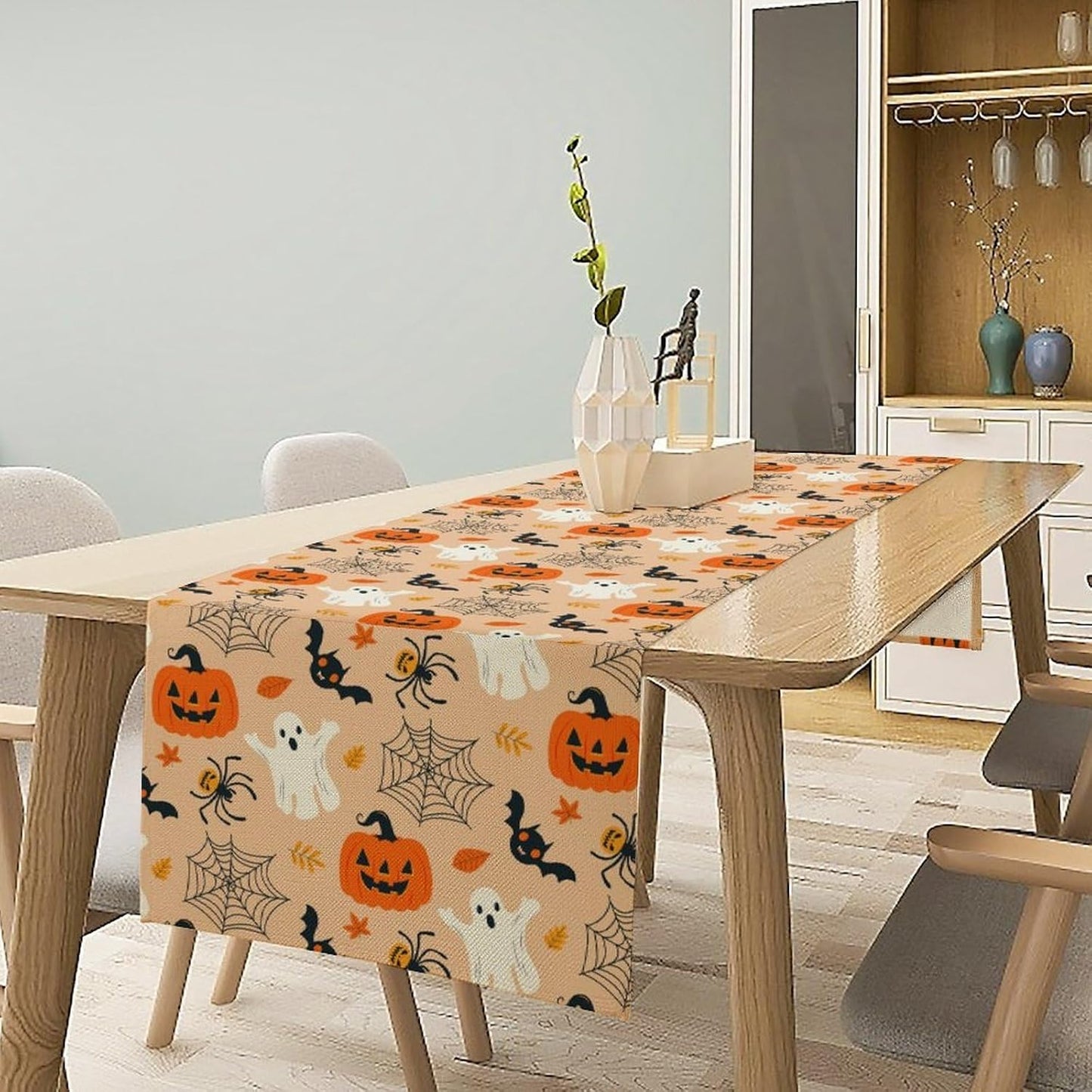 Halloween Table Runner,Cute Ghost Pumpkin Leaves Table Runner for Kitchen Dining Table Decoration Home Party Decor 13x108 Inch
