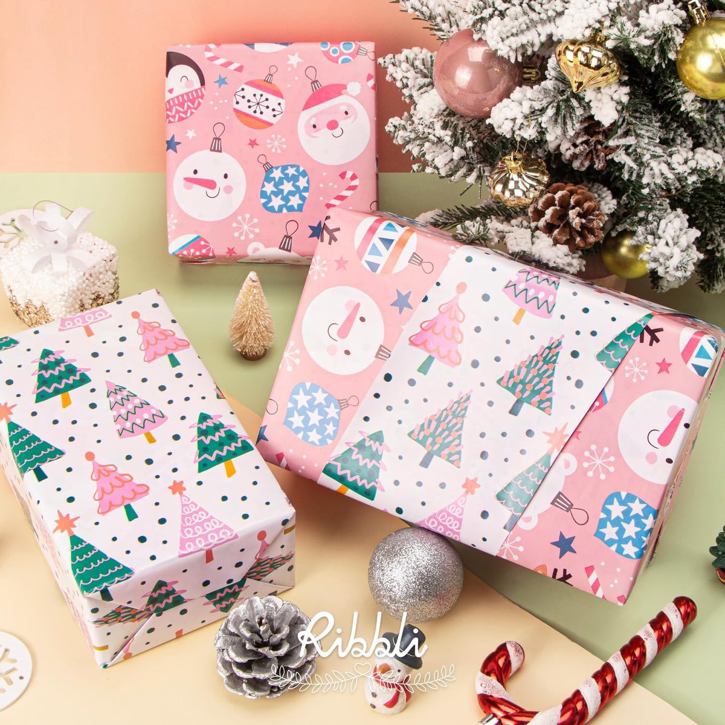 Ribbli Pink Christmas Wrapping Paper Reversible Cute Christmas elements Gift Wrapping Paper Rolls for Kids Holiday Presents Decoration-17 Inch x 33 Feet