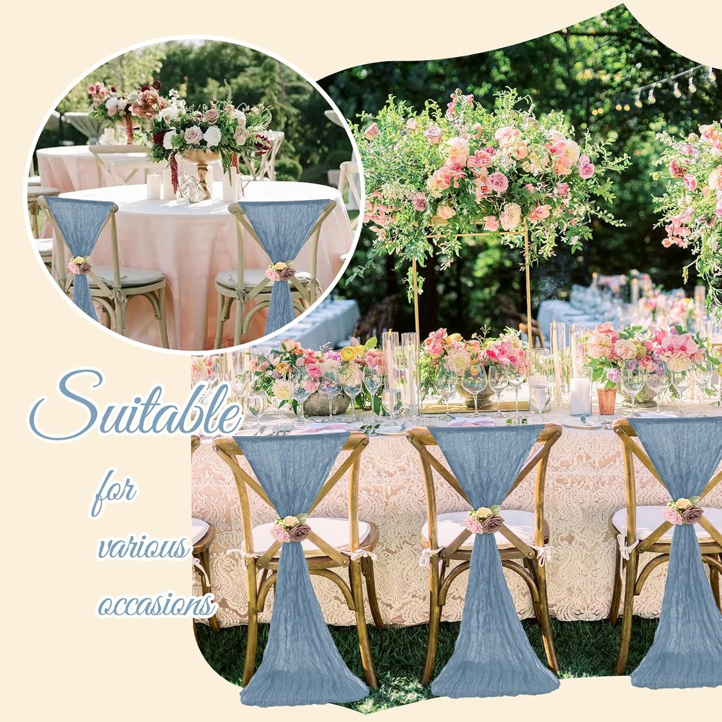 36 Pcs Dusty Blue Cheesecloth Chair Sashes, 16 x 108 inch Gauze Fabric Washable Chair Sashes Bows Designed for Aisle Decorations Universal Chair Cover Decor for Wedding Reception Party Banquet