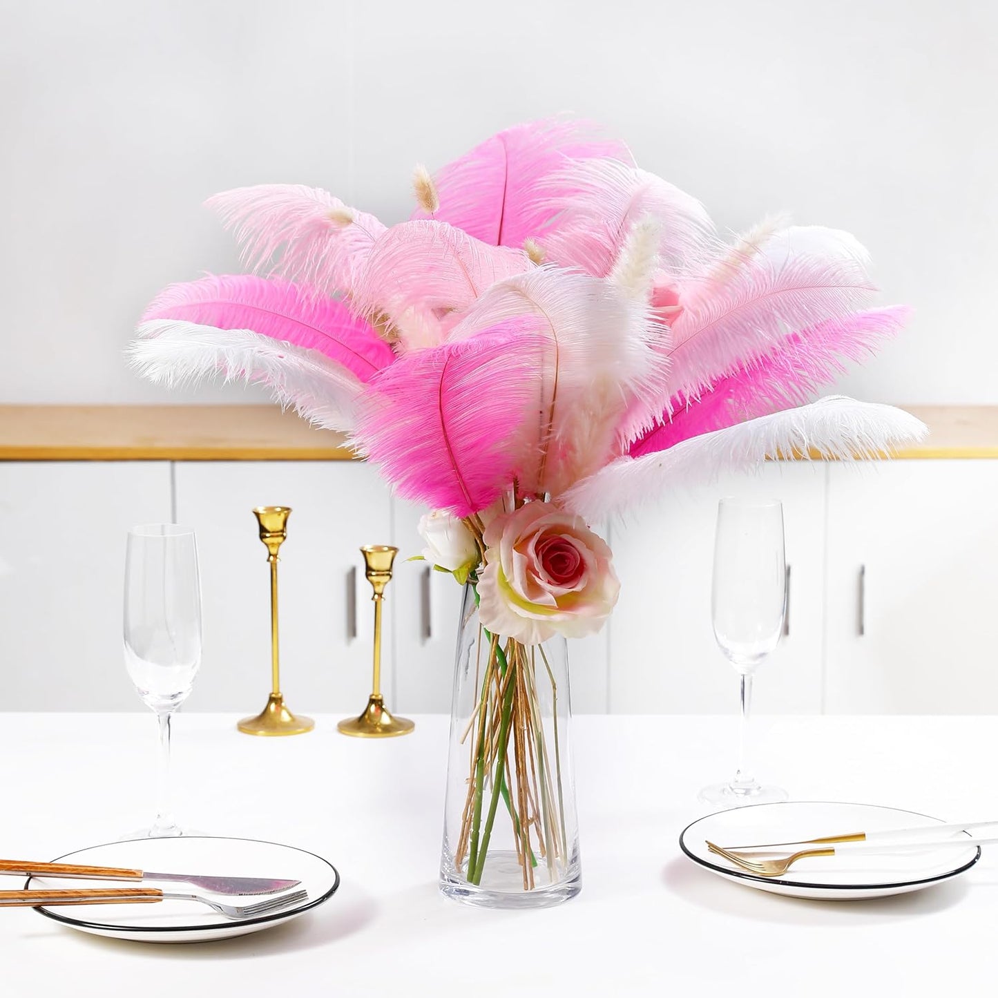 Holmgren Pink White and Light Pink Ostrich Feathers - 20pcs Making Kit 22 Inch Ostrich Feathers Bulk for Vase, Floral Arrangement, Tables Wedding Party Centerpieces and Christmas Home Decorations