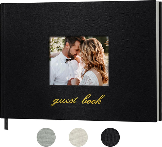 SUNEE Wedding Guest Book - Polaroid Guest Book Weddings Reception, Linen Cover 7" x 9" Guest Book for Baby Shower, Birthdays and Special Events, 100 Blank Pages for Wedding Sign in and Photos, Black