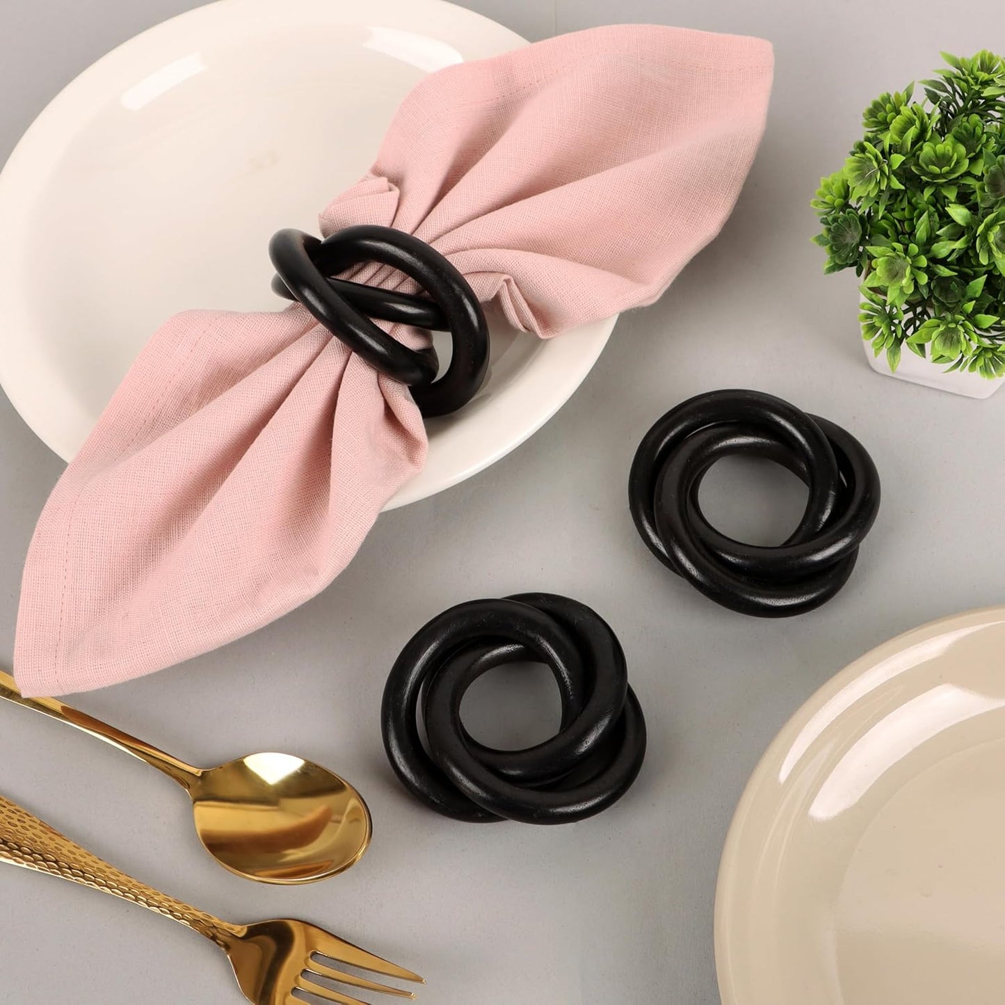 Three Ring Wooden Napkin Rings Set of 12 - Acacia Wood Interlocked Napkin Holder Cuffs for Dinner Table Décor - Rustic Modern Serviette Rings for Weddings, Parties, Receptions (Black) - CLEENTABLE