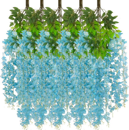 24 Pack Lake Blue Wisteria Hanging Flowers Garland, 3.77 Feet Artificial Flower Vines, Fake Wisteria, Artificial Vines Hanging Garland for Backdrop Outdoor Yard Garden Decor